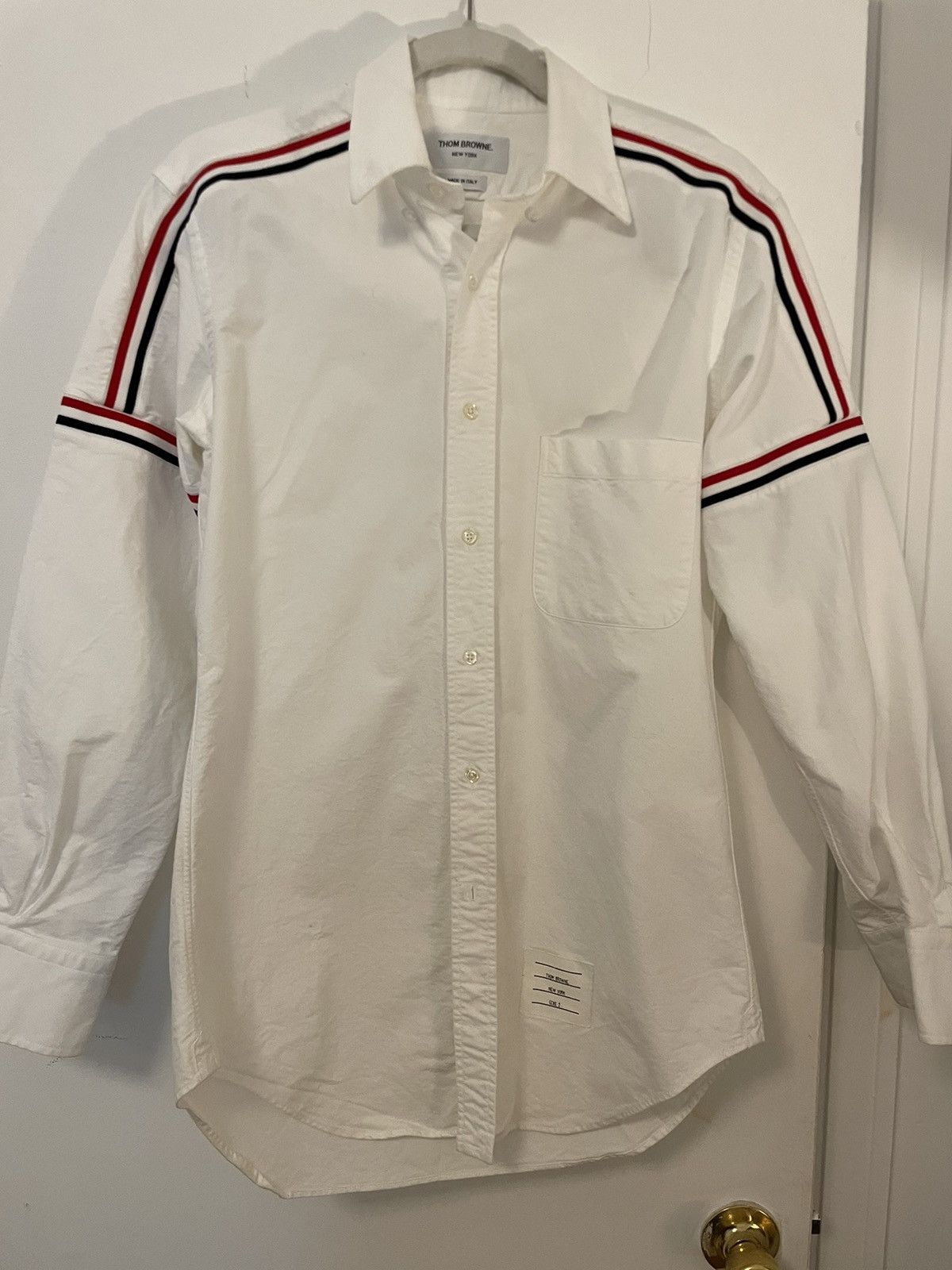 image of Thom Browne White Oxford Button Down Shirt With Rwb Trimming, Men's (Size Medium)