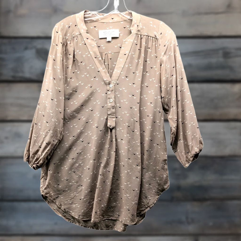 Vintage Amour Vert Blouse Womens M Beige 3/4 Sleeve Silk Printed Geometric Size M / US 6-8 / IT 42-44 - 1 Thumbnail
