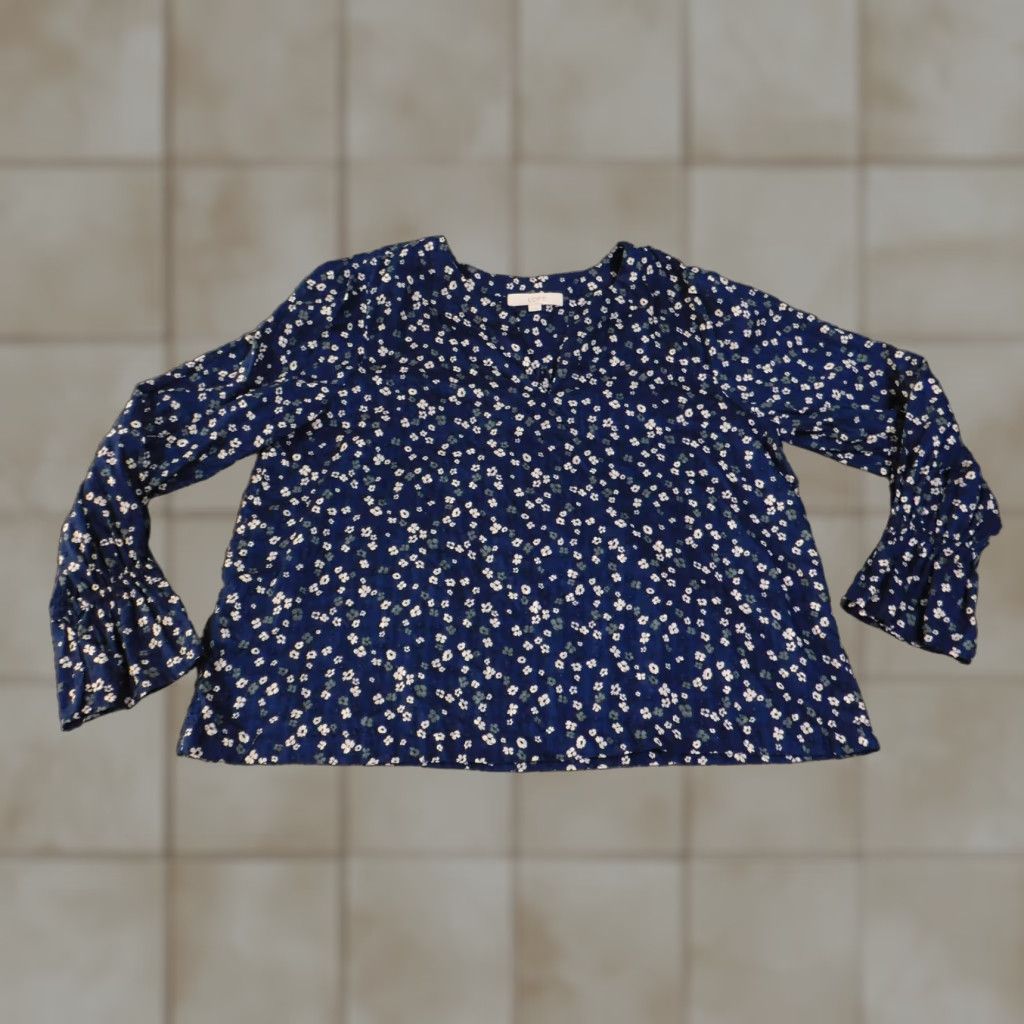 Loft VINTAGE LOFT Blouse Womens XL Blue White Floral Long Sleeve Lightweight Top Cotton Size XL / US 12-14 / IT 48-50 - 1 Thumbnail