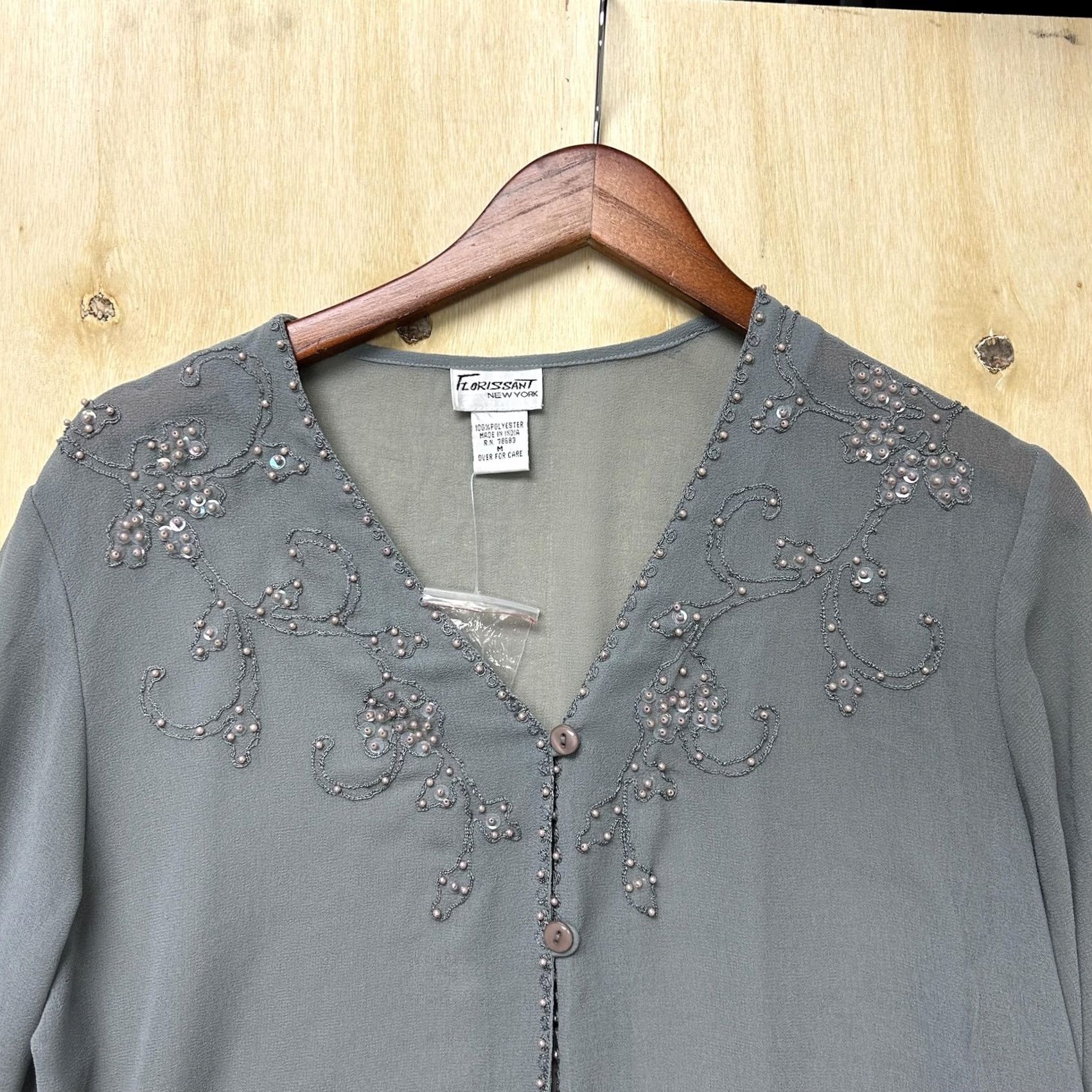 Vintage Florissant Womens Medium Gray Beaded Sequin Chiffon Top for Evening Party Size M / US 6-8 / IT 42-44 - 3 Thumbnail