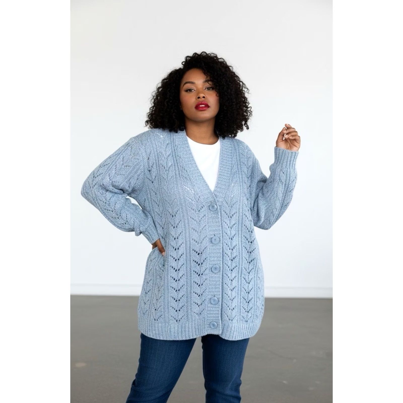 Vintage Christopher & Banks Women Sky Blue Wash Pointelle Button-Up Cardigan Sweater 1X Size XL / US 12-14 / IT 48-50 - 2 Thumbnail