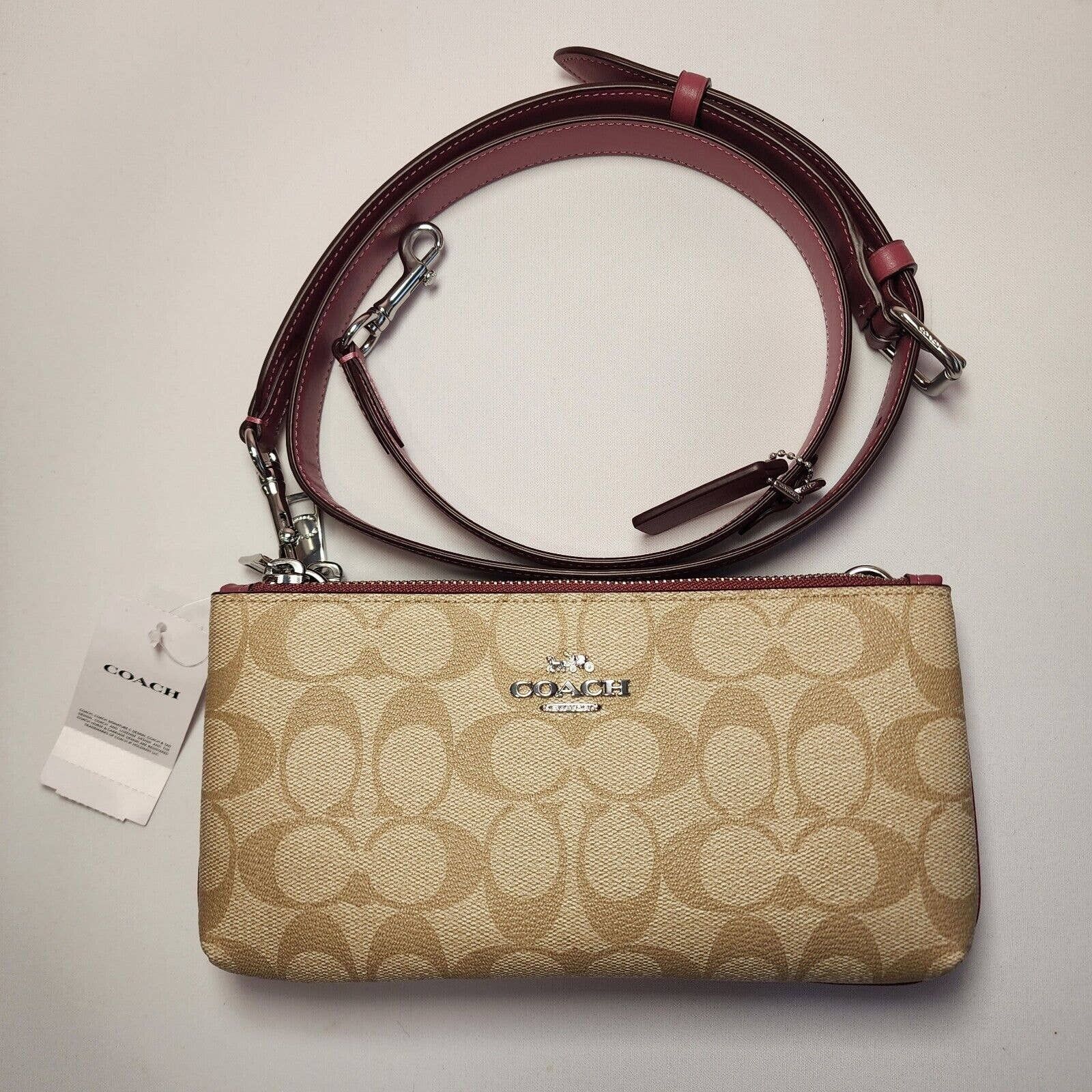 image of Coach Cj790 Signature Double Zip Crossbody Khaki Raspberry in Pink, Women's