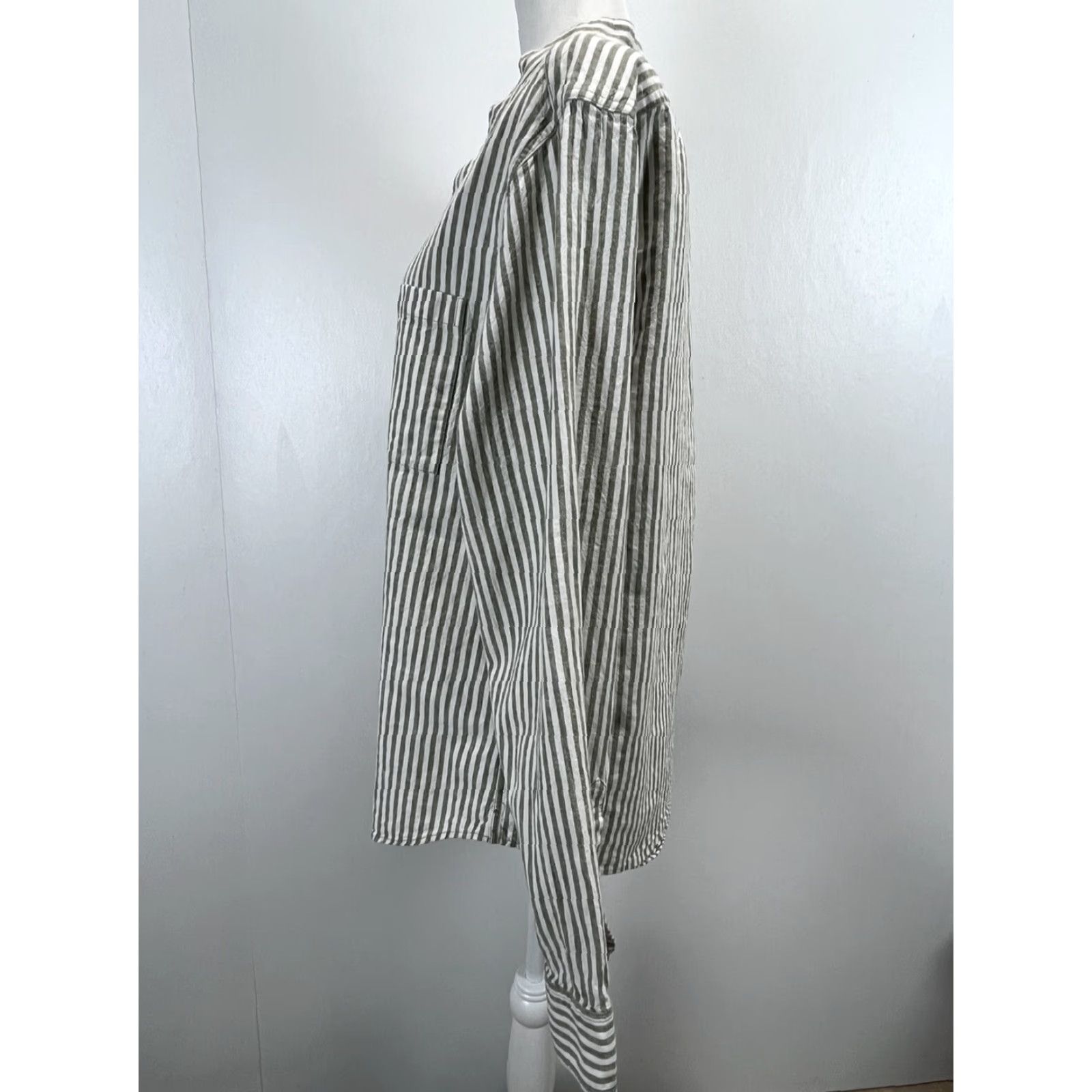 Madewell Madewell Linen Blend Collarless Button-Up Shirt Women's Size L White Green Striped Coastal Size L / US 10 / IT 46 - 2 Thumbnail