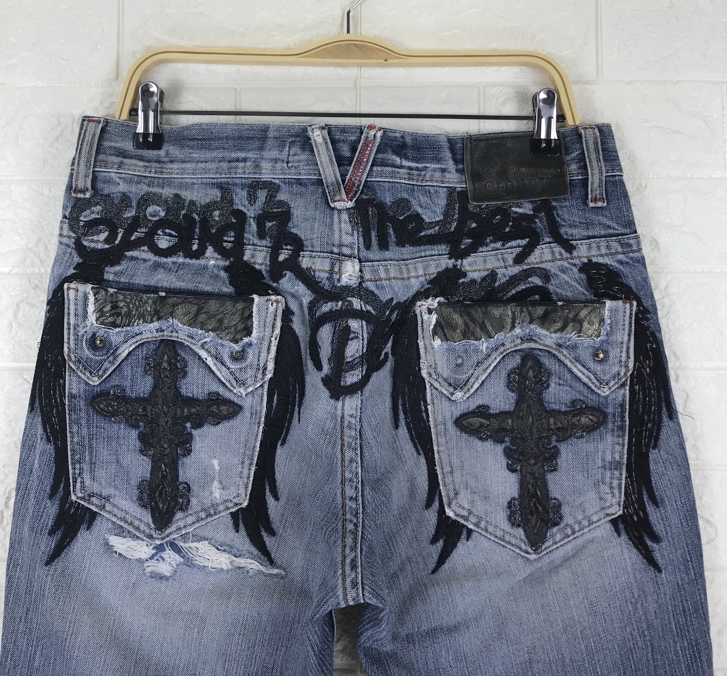 Beauty Beast Vintage Japanese Cloud 72 Black Cross Embroidered Jeans Size US 34 / EU 50 - 2 Thumbnail