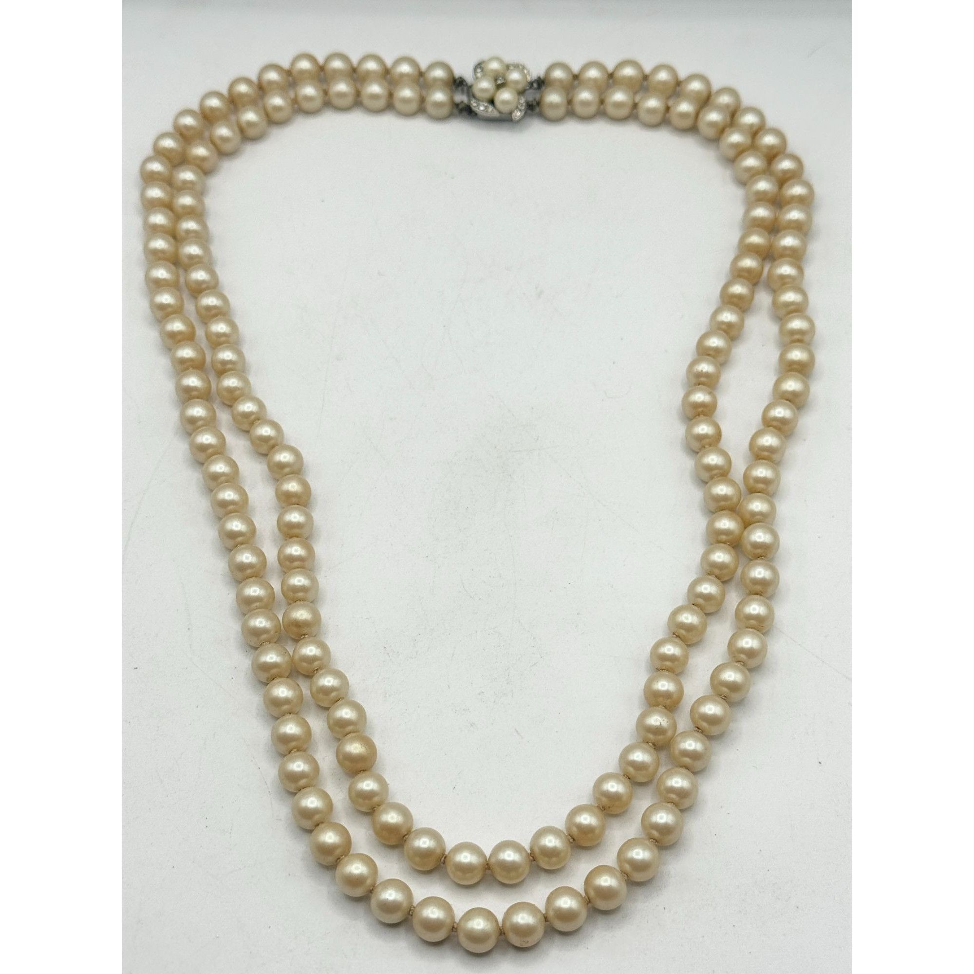 Vintage Faux Pearl Rhinestone Flower Necklace