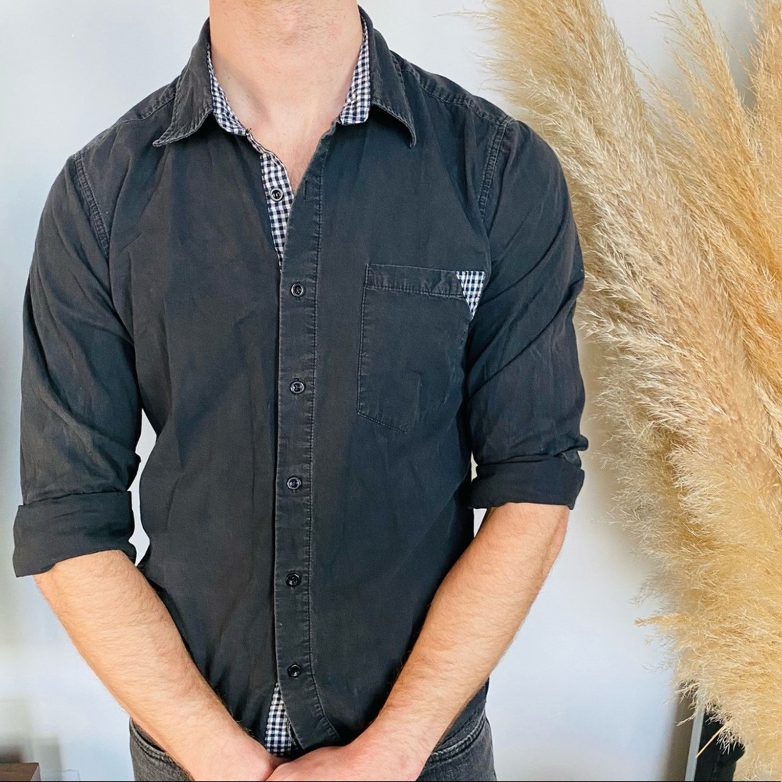 MENS NORDSTROM STRONG Black Grey Button Casual Dress Shirt S