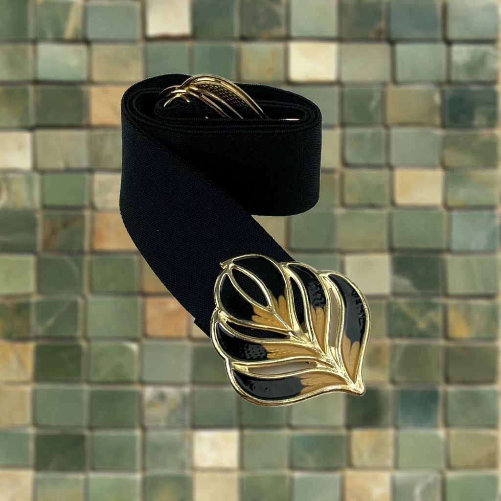 Vintage VINTAGE Peacock Feather Black Gold Stretch Enamel Metal Hook Clasp 31" Size ONE SIZE - 1 Thumbnail