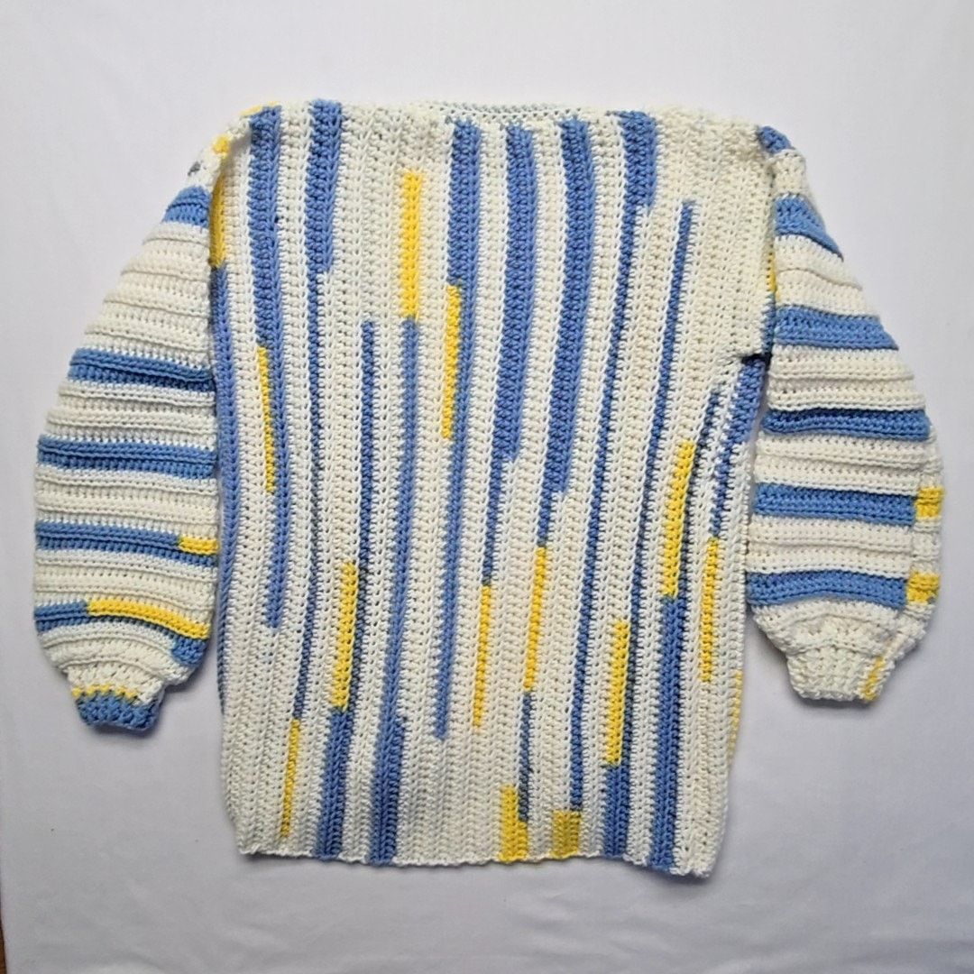 Handmade Knitted Cardigan Womens L Striped Blue White Sweater Size L / US 10 / IT 46 - 6 Thumbnail