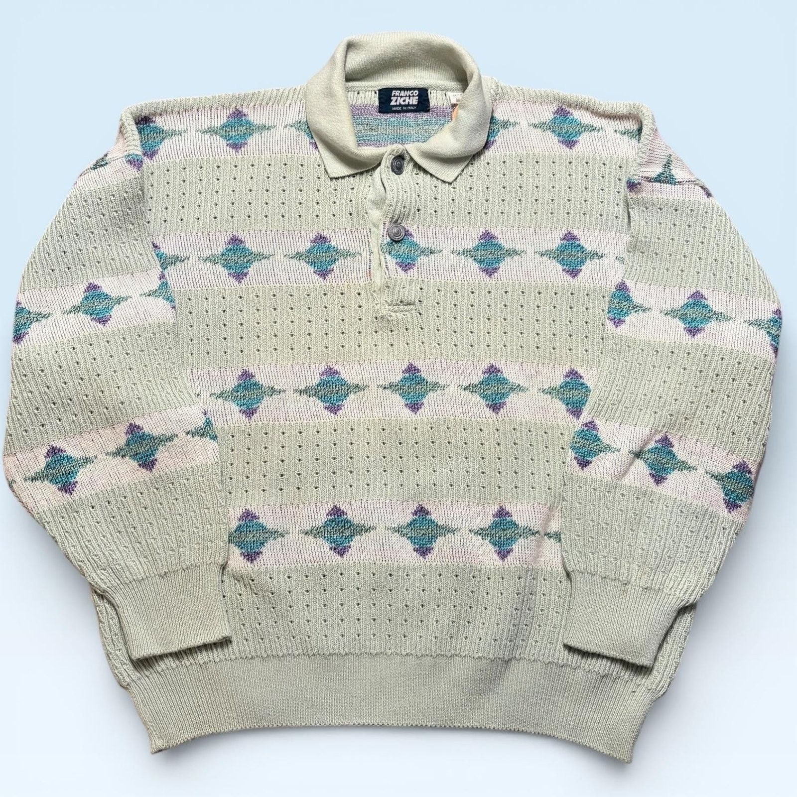 Vintage Vtg Franco Ziche Sweater Mens M Gray Argyle Knit Polo Italy Size US M / EU 48-50 / 2 - 1 Thumbnail