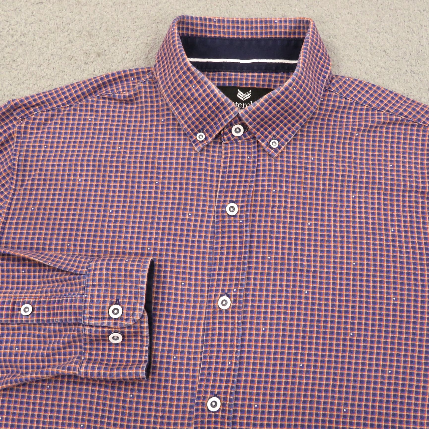 Buttero Butter Cloth Shirt Men Large Regular Fit Blue Orange Plaid Gingham Check Stretch - Button-Up Shirt, Casual, Formal, Workwear, 90s? Size US L / EU 52-54 / 3 - 2 Thumbnail