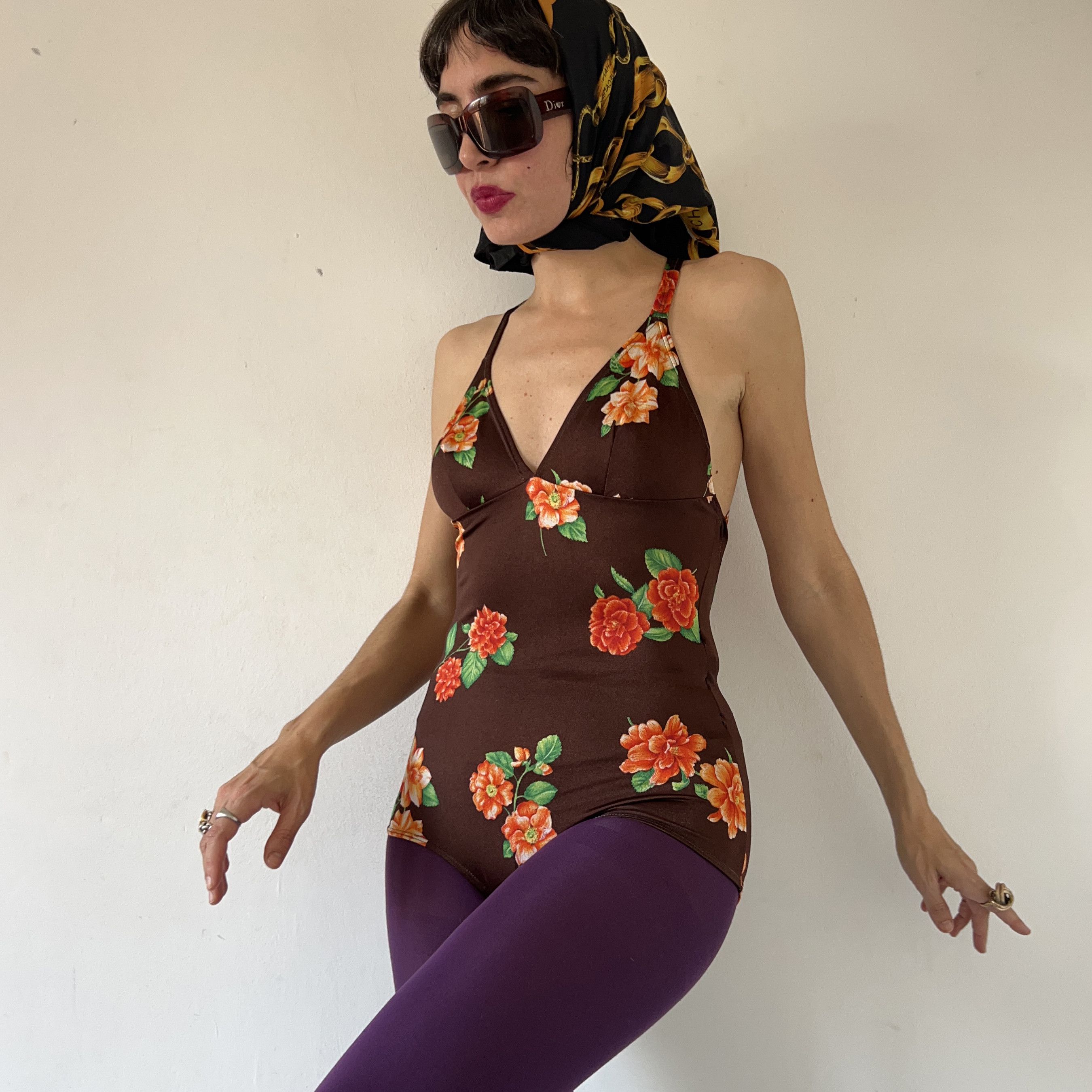Vintage Vintage 90s Brown Floral Swimsuit Size XL / US 12-14 / IT 48-50 - 3 Thumbnail