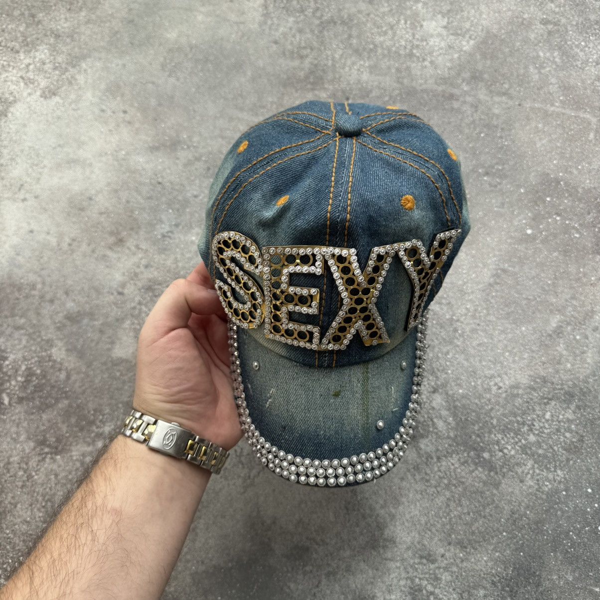 Hysteric Glamour × Japanese Brand × Vintage SEXY Rhinestones Y2K Unisex Washed Denim Cap Size ONE SIZE - 3 Thumbnail