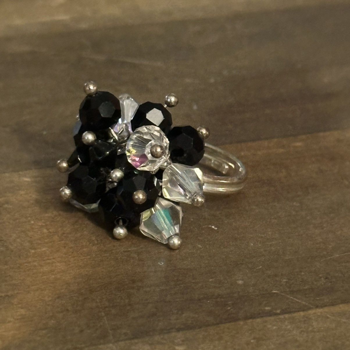 Vintage Vintage silver tone black and AB cluster glass bead ring Size ONE SIZE - 6 Thumbnail