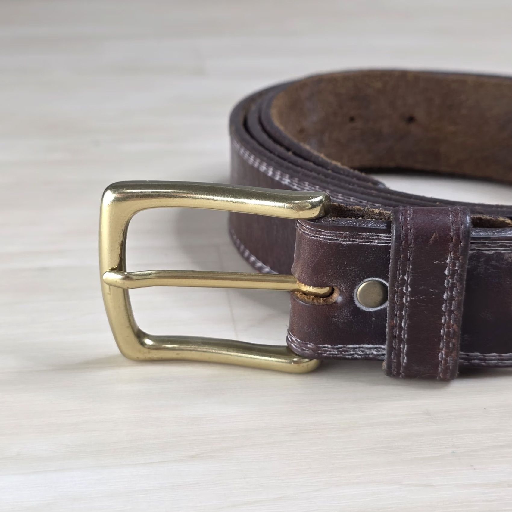 Vintage Red Wing Leather Belt Brown Stitching Solid Brass Buckle Made In USA Size 50 Mens Size ONE SIZE - 2 Thumbnail