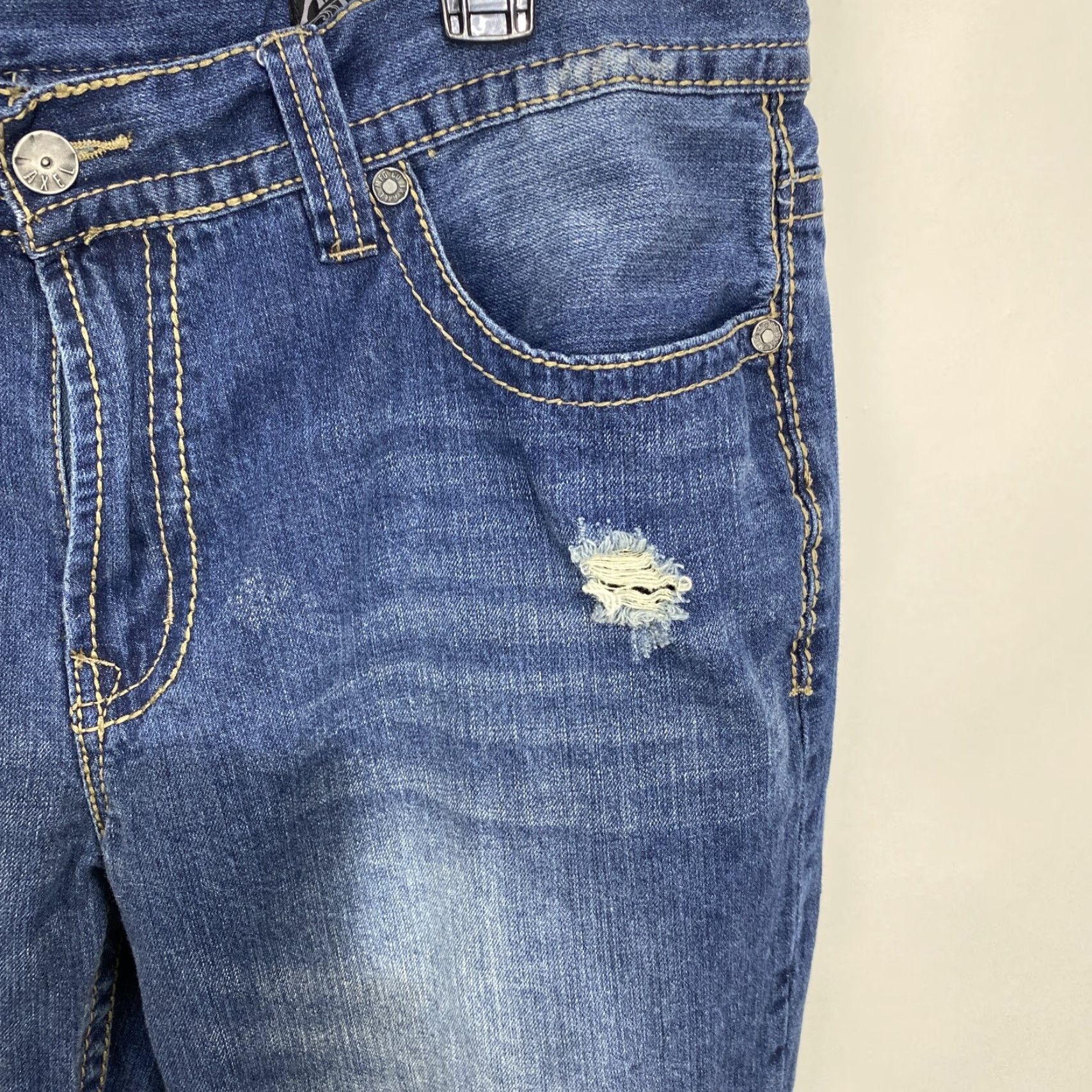 Vintage TK Axel Treadwell Relaxed Straight Leg Jeans Mens 38x32 Blue Distressed Denim Cotton Stretch 5-Pocket Designer Rock USA Cowboy Size US 38 / EU 54 - 3 Thumbnail
