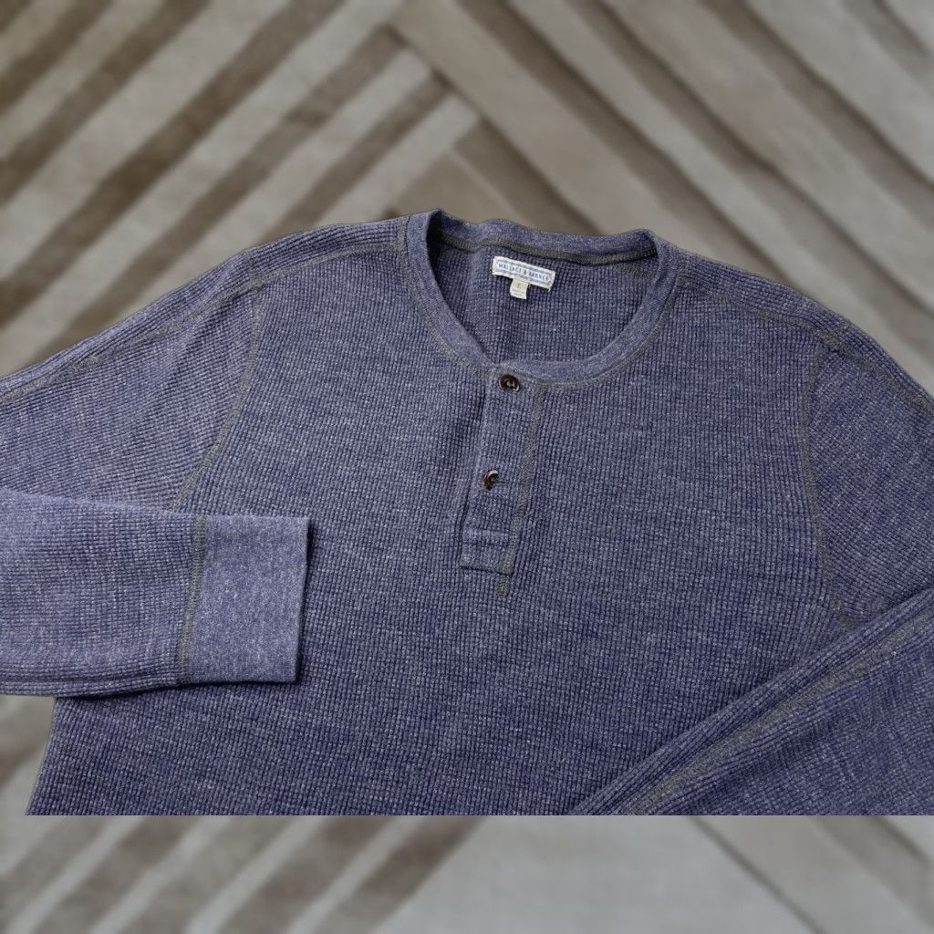 Wallace & Barnes J Crew Wallace & Barnes Mens Henley Long Sleeve Thermal Waffle Shirt Large Blue Size US L / EU 52-54 / 3 - 1 Thumbnail