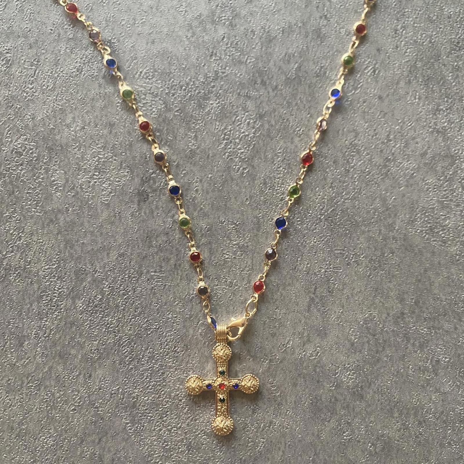 Other Y2k multicolored gem jewel gold cross chain necklace Size ONE SIZE - 1 Thumbnail