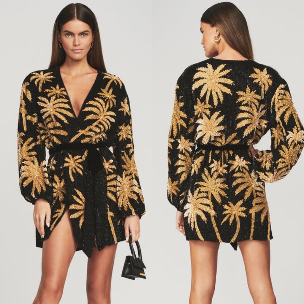 Retrofete NWT Retrofete Dress Gabrielle Sequin Palm Tree Robe Mini Dre ...