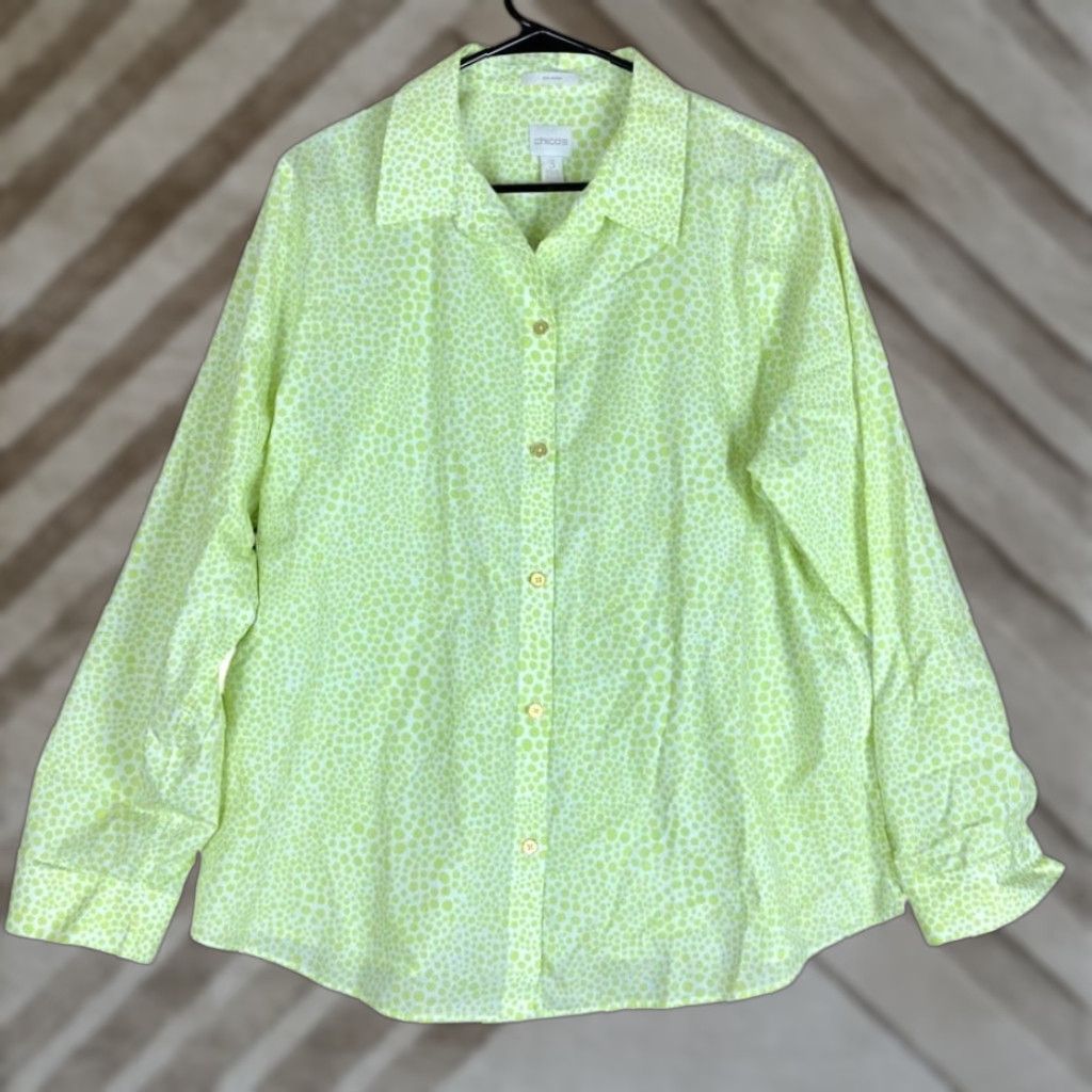 Vintage Chicos Womens Blouse White Green Dots Collared Non Iron Button Down 3 XL Shirt Womens Casual Workwear Polka Dot 3 (XL) Size XL / US 12-14 / IT 48-50 - 1 Thumbnail