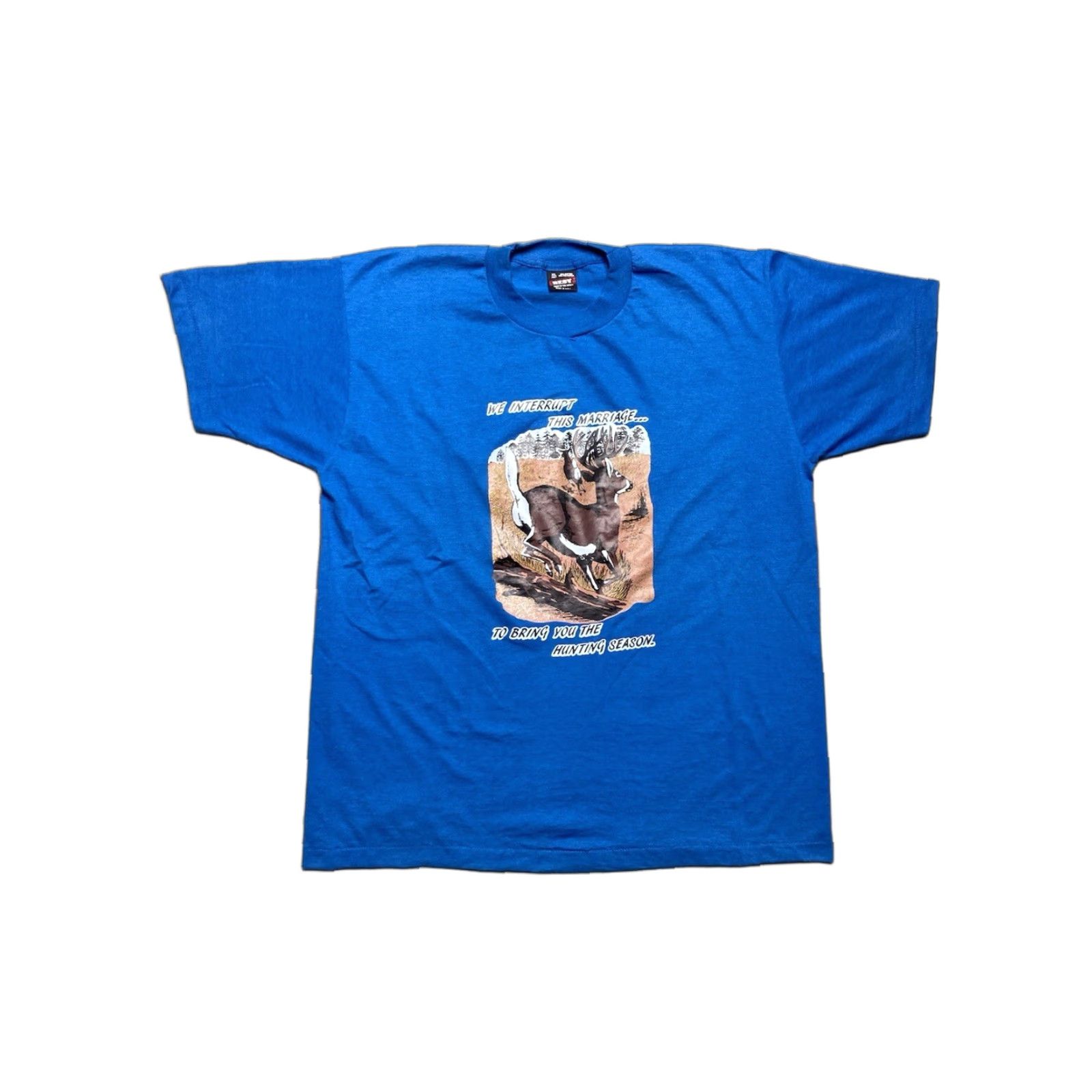 Fruit Of The Loom VINTAGE 90s graphic t shirt interrupt this marriage hunting season deer funny XL Shirt Men Blue XL Deer Funny 90s Vintage T-Shirt Size US XL / EU 56 / 4 - 1 Thumbnail