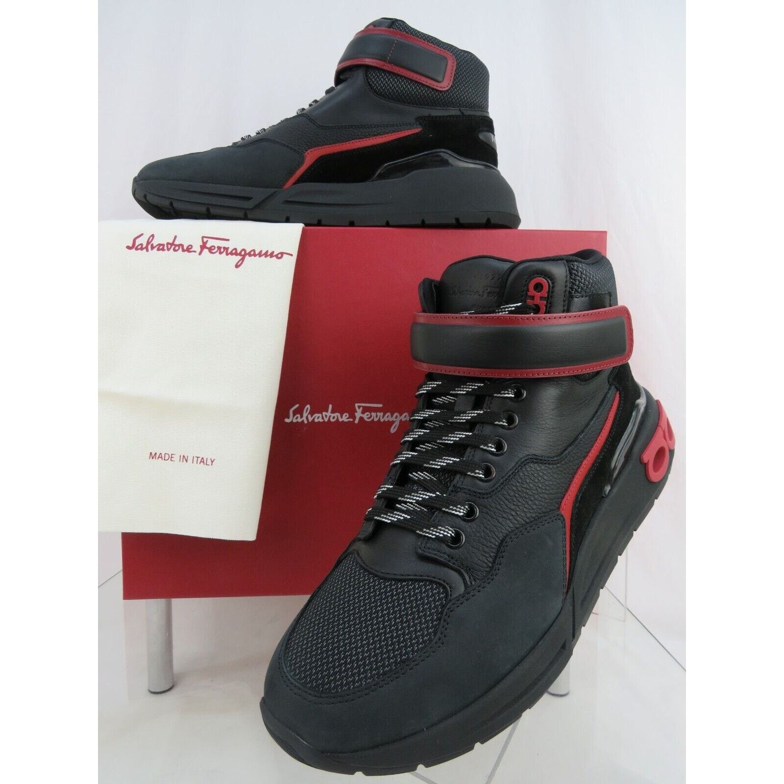 Salvatore Ferragamo COSMA HIGH BLACK LEATHER GANCINI MESH LACE SNEAKERS 11.5 M Size US 11.5 / EU 44-45 - 2 Thumbnail