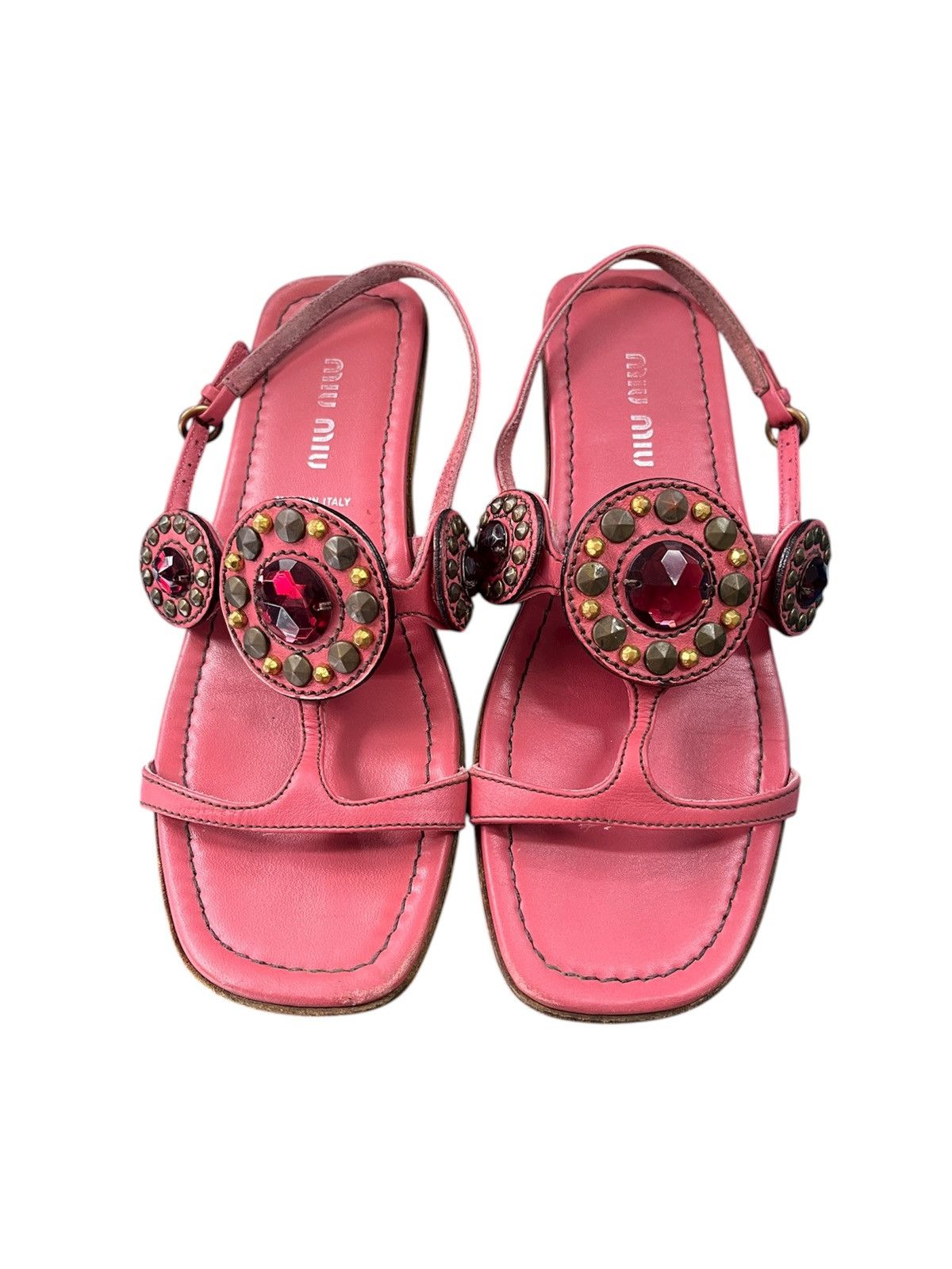 Prada Miu Miu Rare T-Strap Gemstud Leather Sandals Size US 5 / IT 35 - 2 Thumbnail