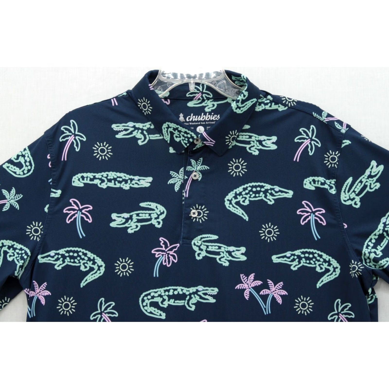 Chubbies Chubbies Polo Shirt Mens L Navy Alligator Palm Tree Sun Print Short Sleeve Shirt Polo Mens L Navy Palm Tree Alligator Print Size US L / EU 52-54 / 3 - 2 Thumbnail