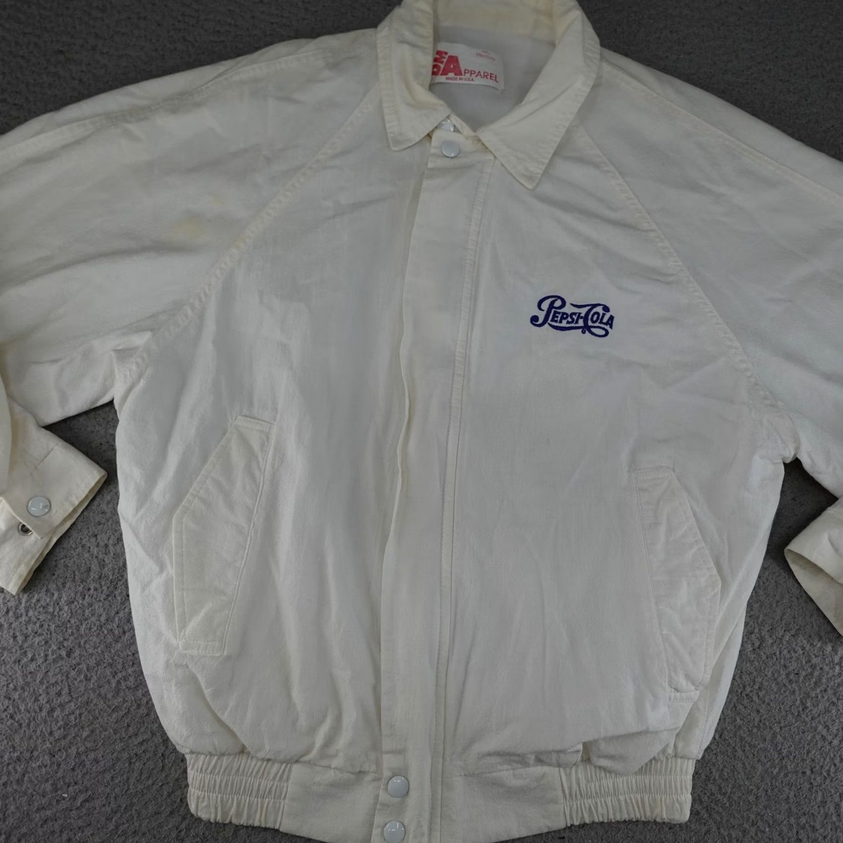 Vintage VINTAGE Pepsi Cola Bomber Jacket Mens M White 90s DM Apparel Snap Front Embroidered Logo Lined Pockets Elastic Waist Size US M / EU 48-50 / 2 - 2 Thumbnail