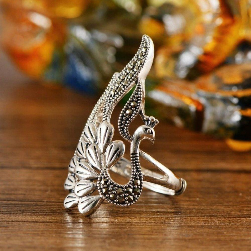 Designer Retro Peacock Animal Feather Antique Silver Ring - Size 6 Size ONE SIZE - 2 Thumbnail