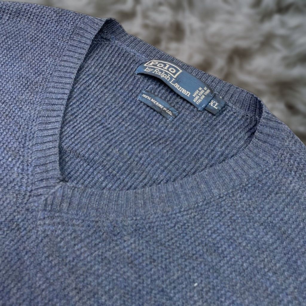 Polo Ralph Lauren Sweater Shirt Men XL V-Neck Navy Blue 100% Merino Wool Knit Pullover Regular Fit