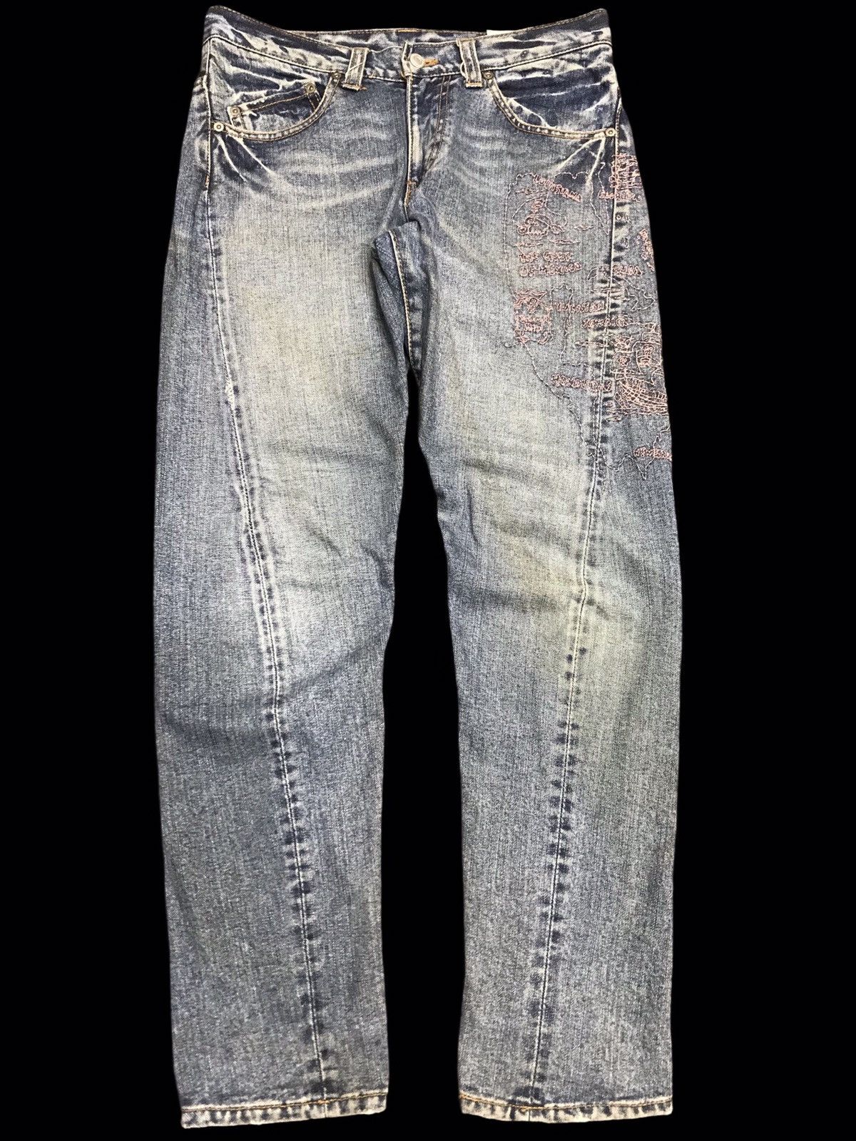 Japanese Brand 💥TWISTED LEG💥DOUBLE NAME PIRATE EMBROIDERY TWIST DENIM F410 Size US 31 - 1 Thumbnail
