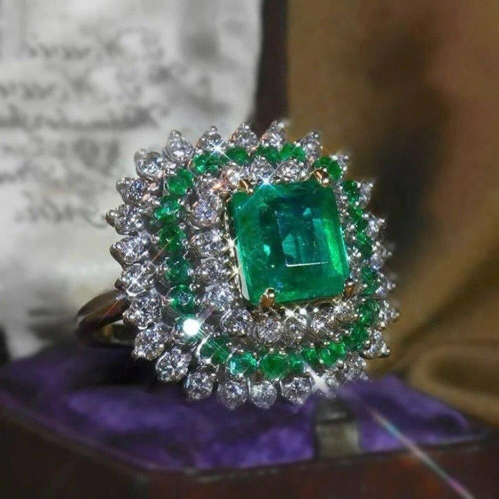 Designer Vintage Emerald & White Sapphire Silver Art Deco Ring Size ONE SIZE - 2 Thumbnail