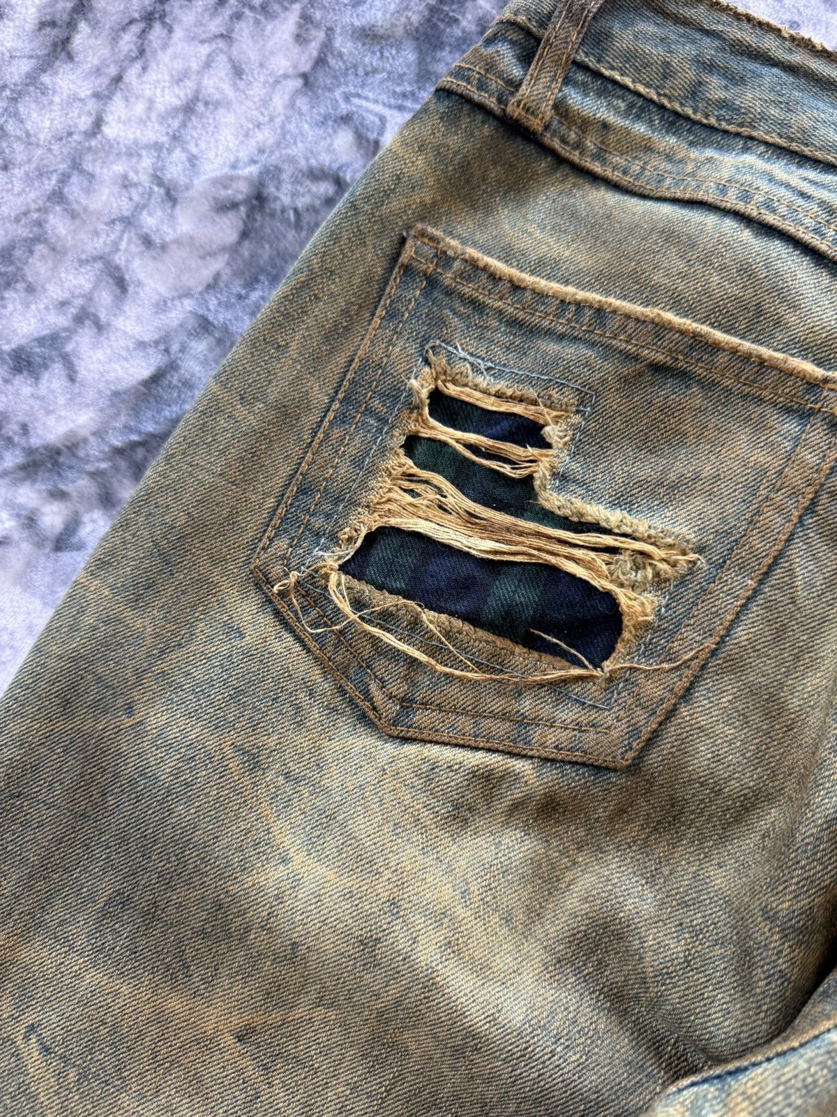 Le Grande Bleu (L.G.B.) 2000s Distressed Mud Wash Check plaid Patched Japanase Jeans Size US 29 - 18 Thumbnail