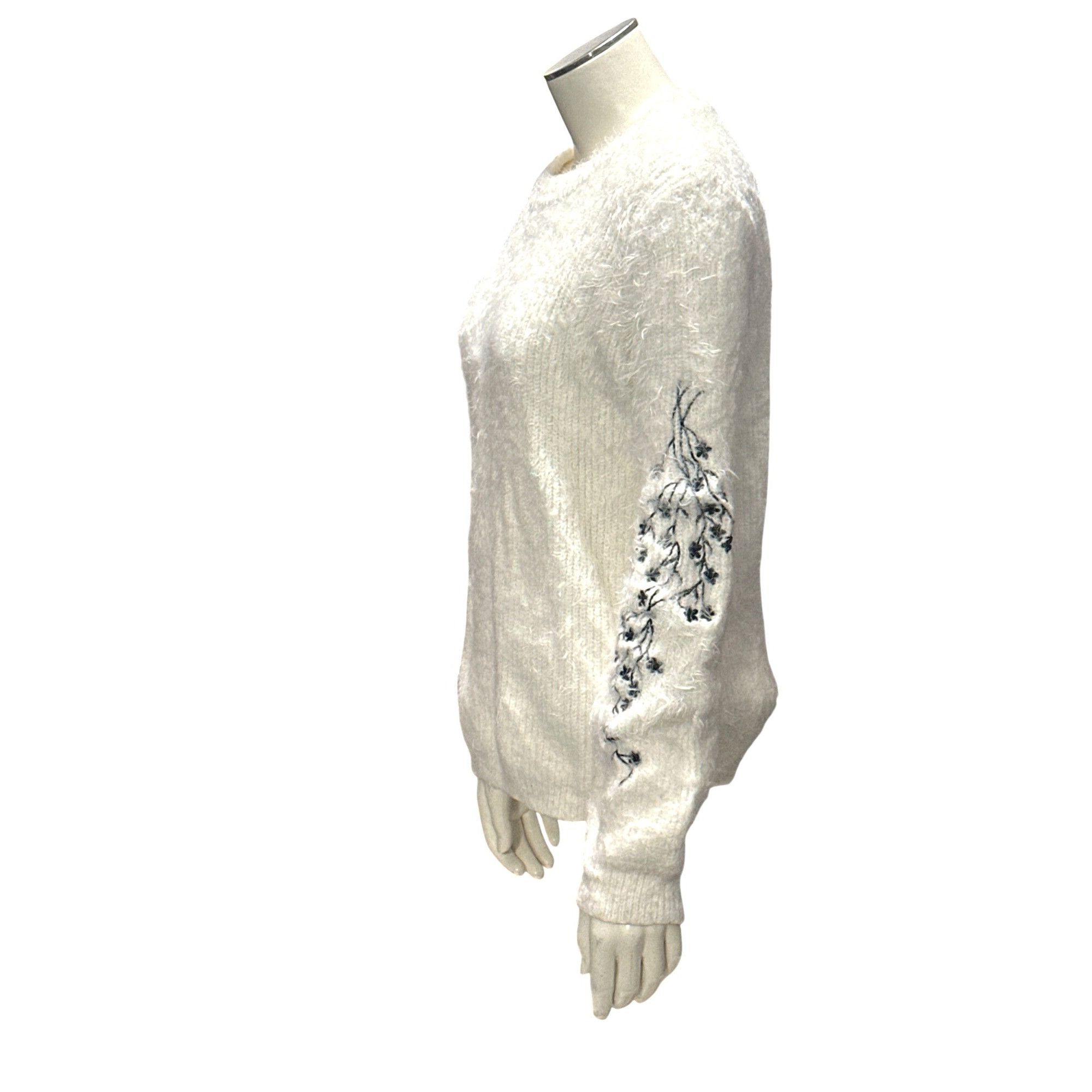 Nordstrom Woven Heart Large Ivory Fuzzy Floral Embroidered Sweater Cot Size L / US 10 / IT 46 - 5 Thumbnail