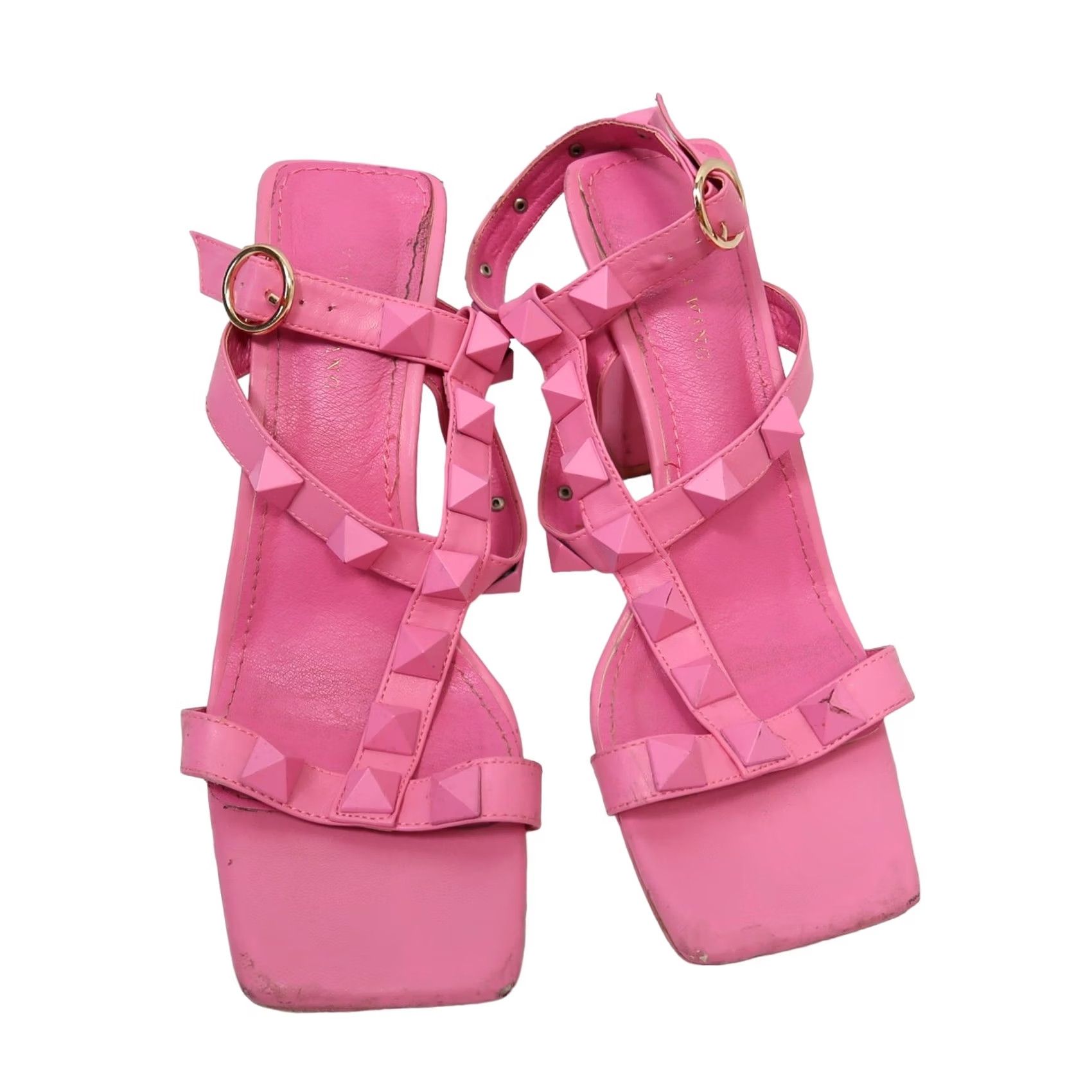 Azalea Wang VINTAGE Azalea Wang pink faux leather studded strappy sandal heels 8 Women Square Toe 4" heel Womens 90s? Size US 8 / IT 38 - 4 Thumbnail