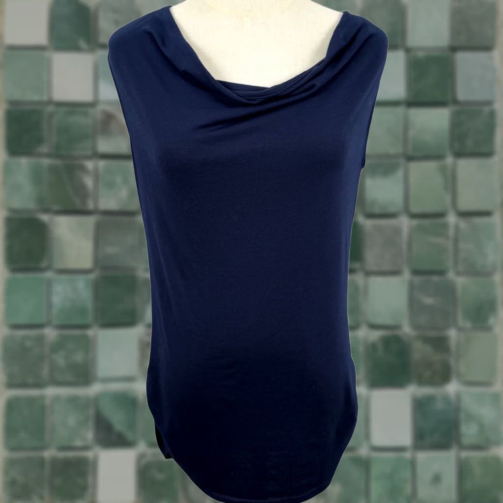 Vintage Meaneor Navy Blue Cowl Neck Lace Back Tank Top - Sleeveless, Polyester Blend, Solid with Lace Contrast, Womens, S Size S / US 4 / IT 40 - 1 Thumbnail