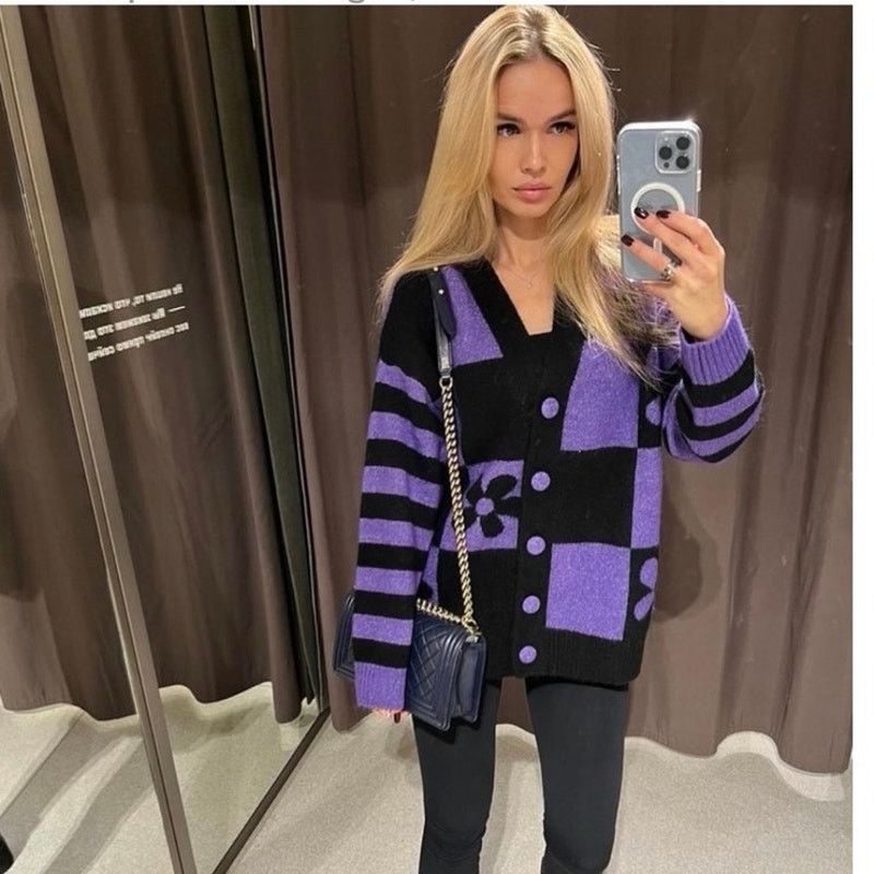 Zara Zara Purple Black Jacquard Oversized Cardigan Sweater Size S / US 4 / IT 40 - 2 Thumbnail
