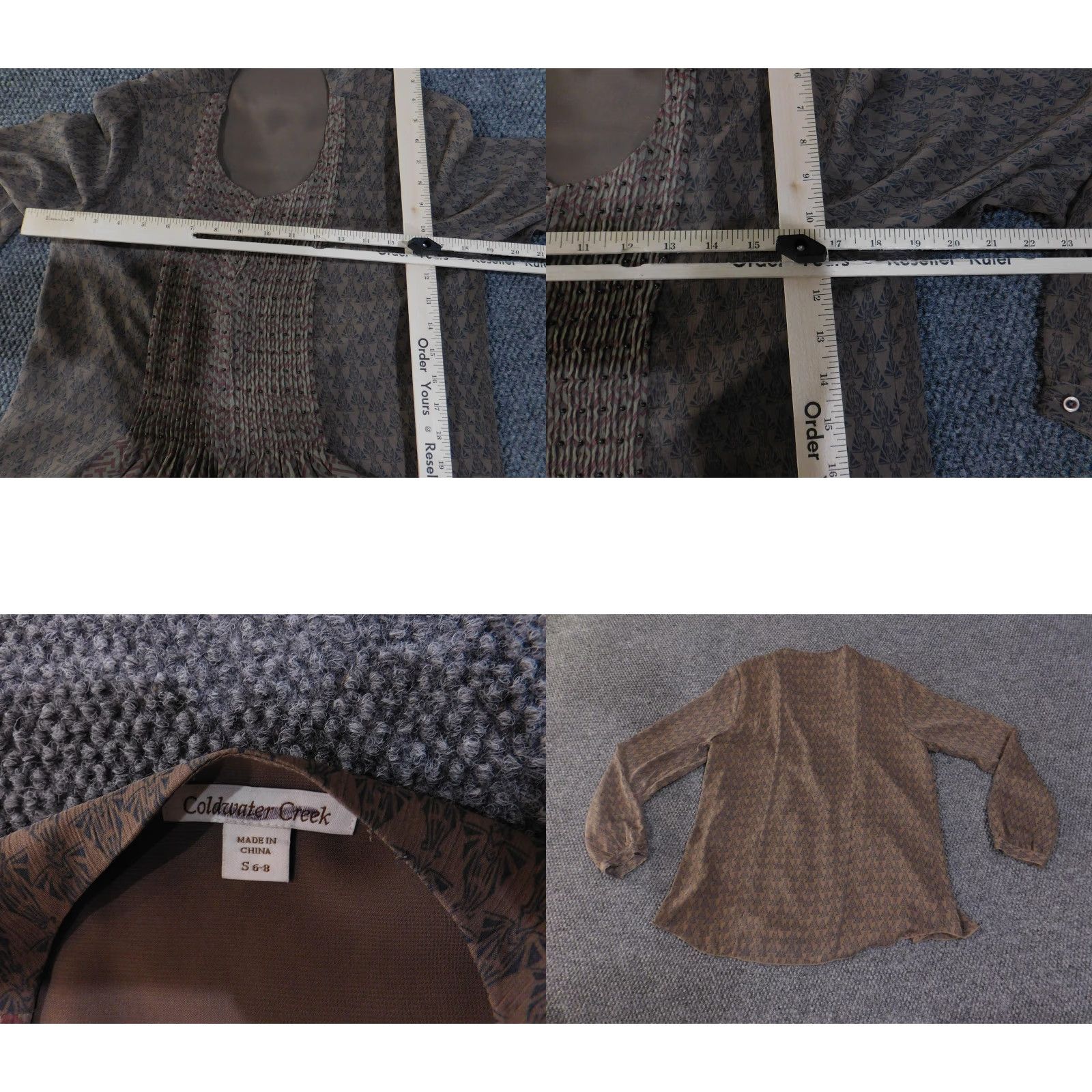 Coldwater Creek Coldwater Creek Blouse Womens Small 6 8 Brown Sheer Long Sleeve Patterned Top Geometric Size S / US 4 / IT 40 - 8 Thumbnail
