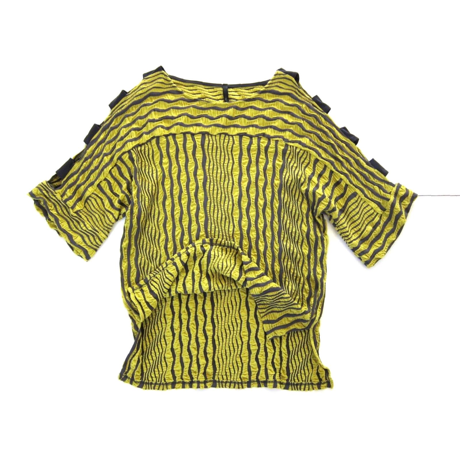 Vintage I.C. Connie K Yellow Grey Stripe Ribbed Open Shoulder Short Sleeve Blouse Small Size S / US 4 / IT 40 - 6 Thumbnail