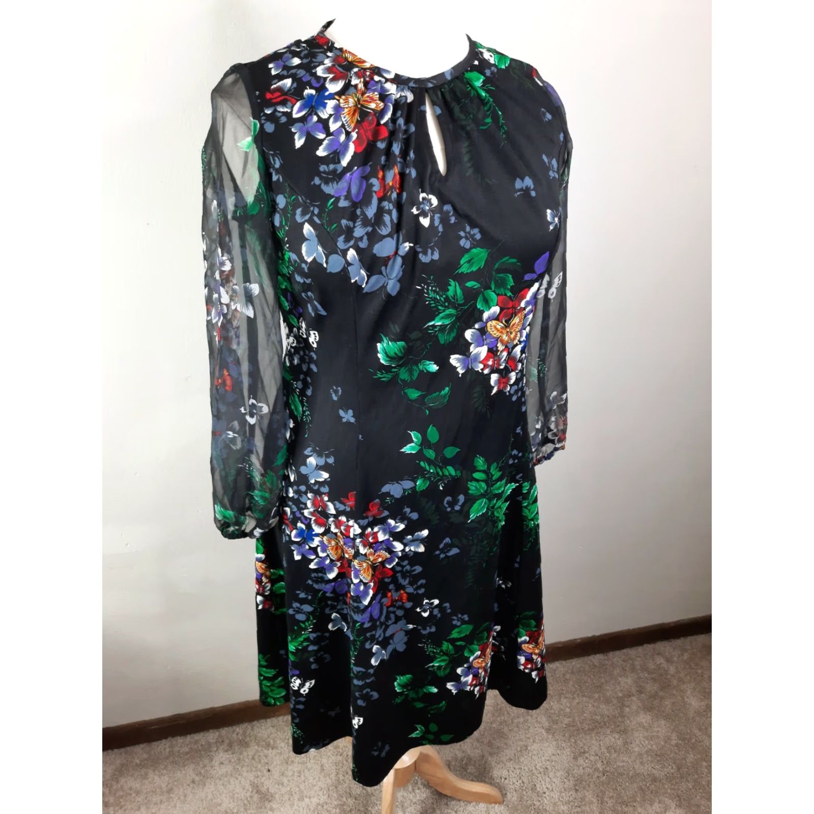 Vintage D2S Vtg mod Floral butterfly sheer Sleeve Sheath Dress L/XL Black Size L / US 10 / IT 46 - 2 Thumbnail