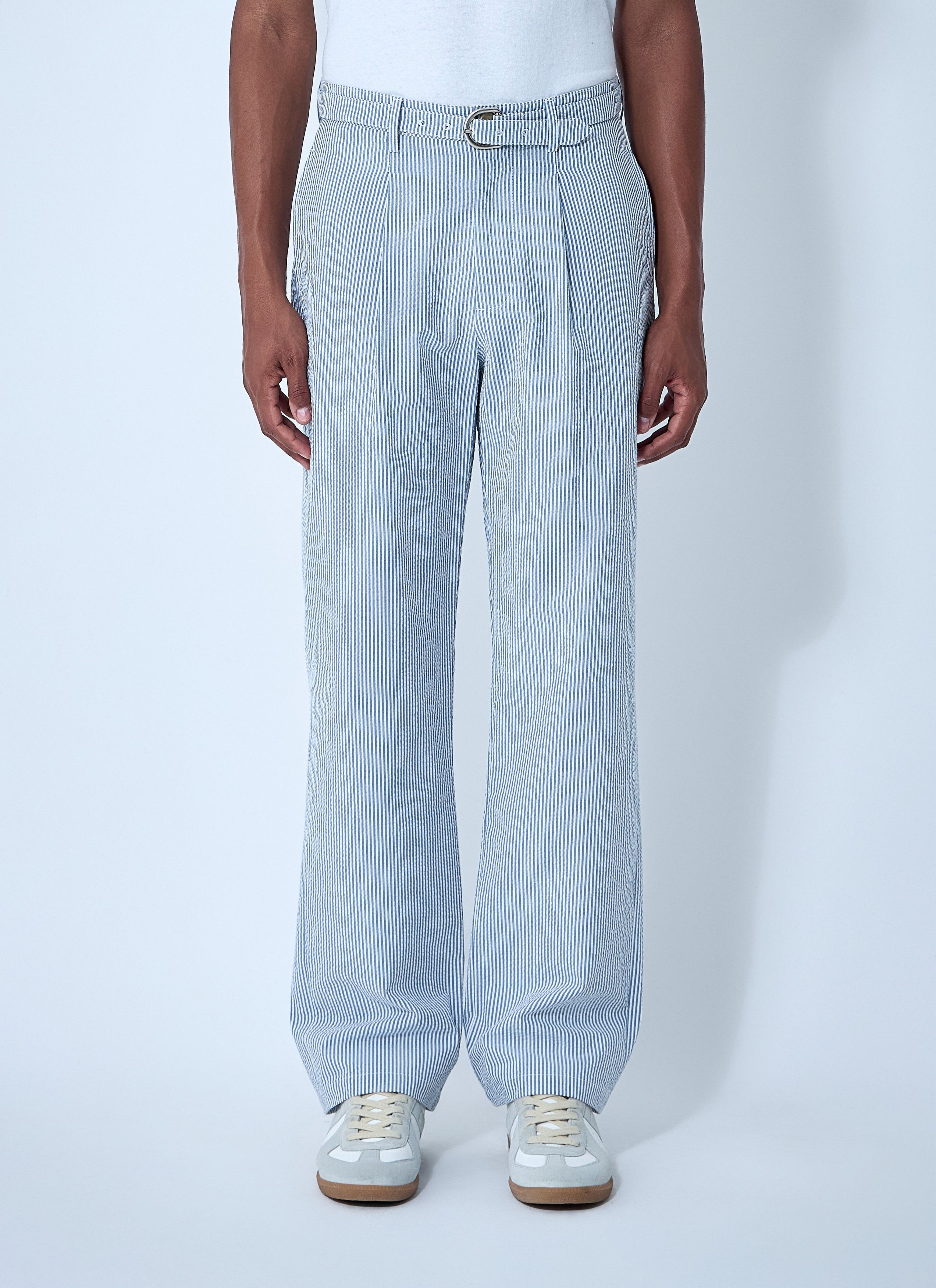 Seersucker Belted Single-Pleat Pants