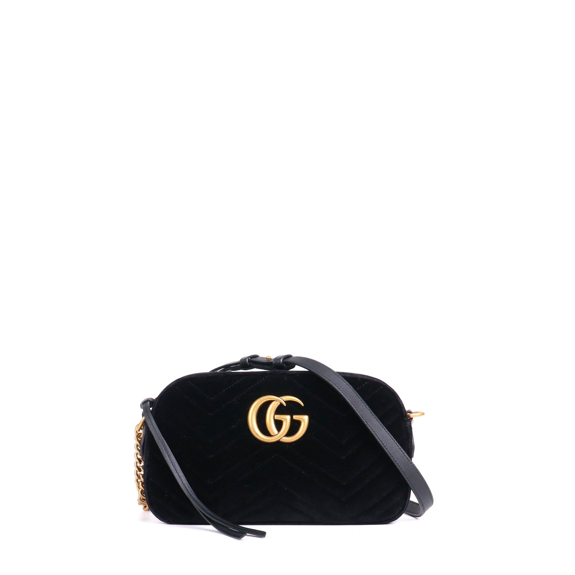 Gucci - Gucci Marmont Camera Shoulder Bag Quilted In Black Velvet, Women's