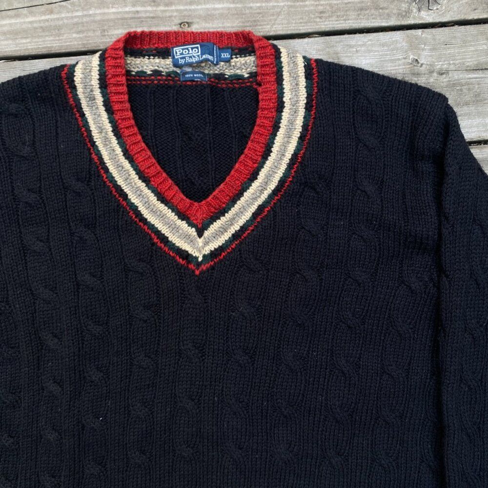 Vintage POLO RALPH LAUREN Wool Sweater Cable Knit V Neck Fa