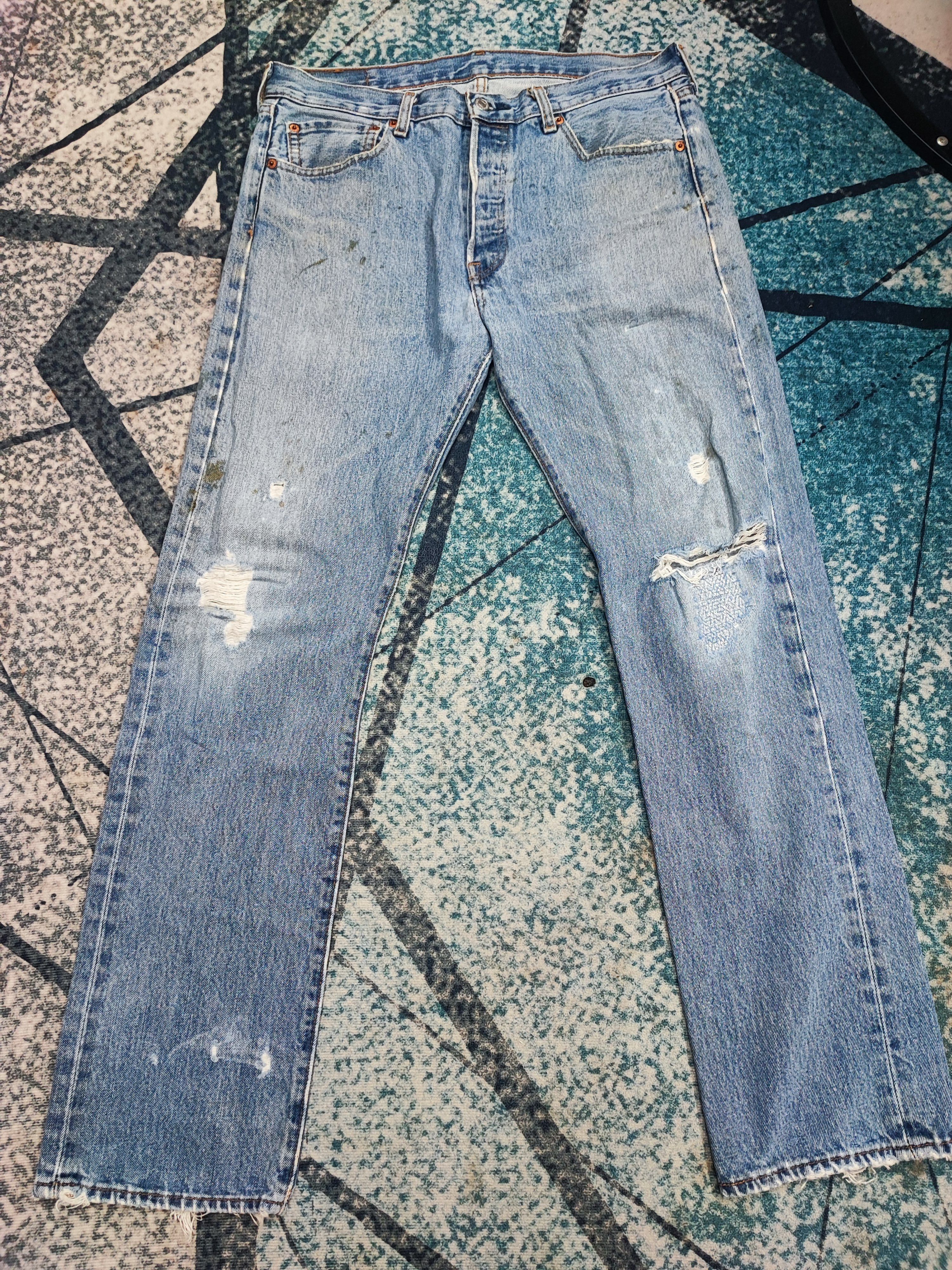 image of Vintage Levis 501 Jeans Dirty Distressed Denim Grunge Style in Faded Blue, Men's (Size 33)