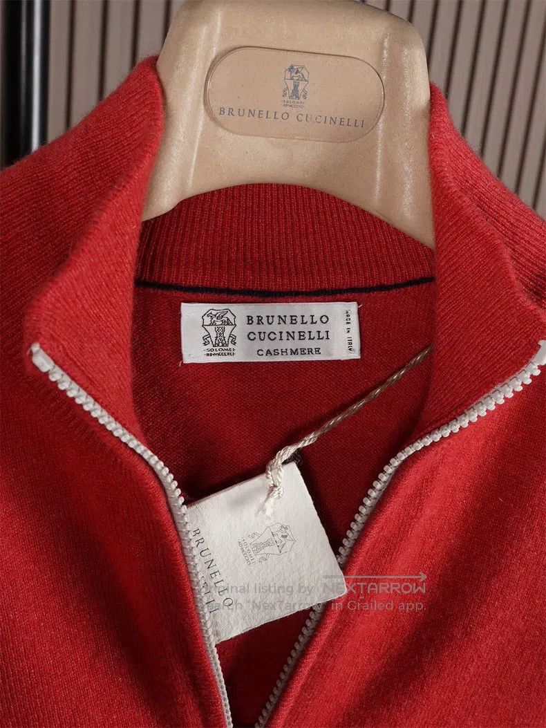 Brunello Cucinelli Brunello Cucinelli Men's red half-zip stand-up collar cash Size US M / EU 48-50 / 2 - 4 Thumbnail