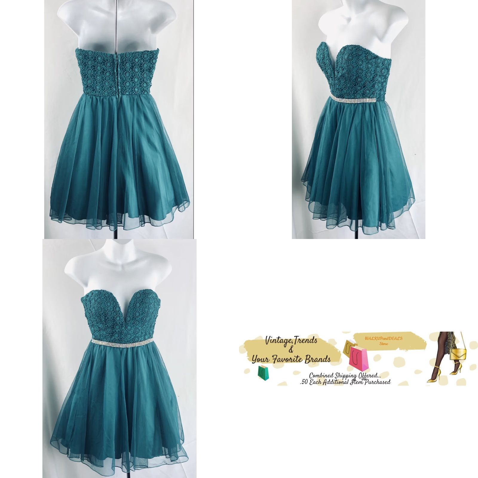 Vintage VINTAGE Strapless Corset Dress Teal Tiered Flare Beads Belt Fairy Y2K Pixie 1 Size XS / US 0-2 / IT 36-38 - 8 Thumbnail