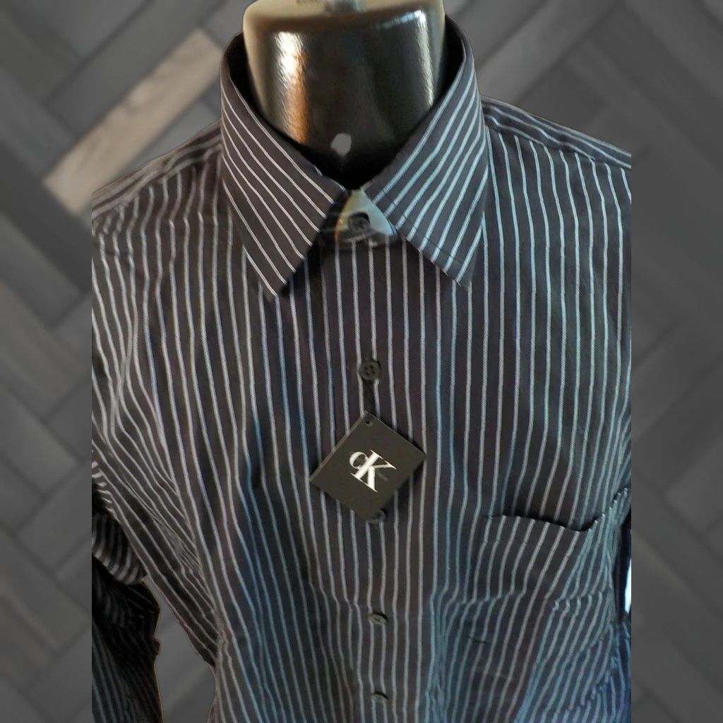 Calvin Klein CALVIN KLEIN Dress Shirt Striped Spread Collar LS Cotton Black/Blue 16.5 NWT Mens Shirt Size US XL / EU 56 / 4 - 1 Thumbnail