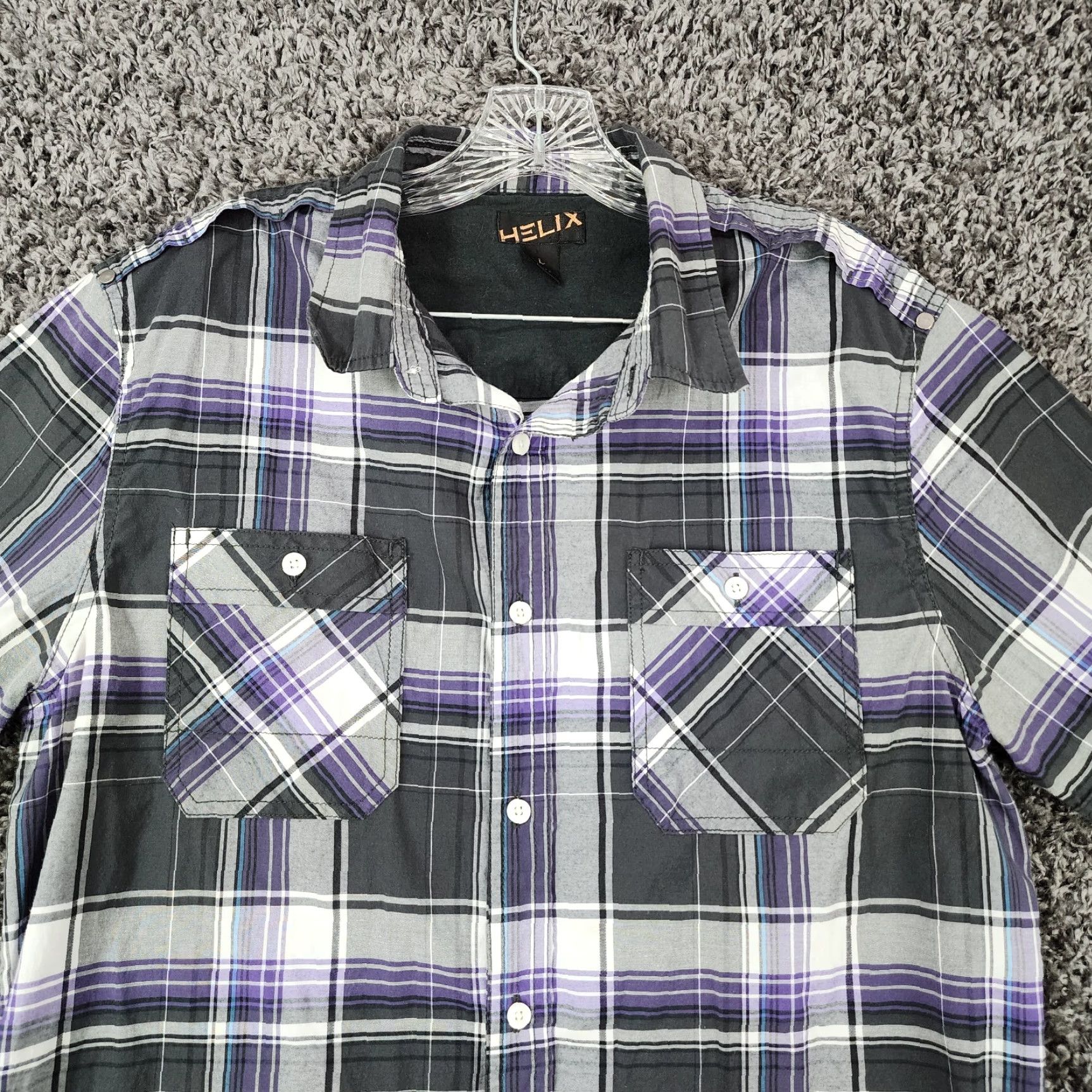 Vintage Helix Mens Plaid Short Sleeve Button Up Shirt Large Black Purple Size US 33 - 4 Thumbnail