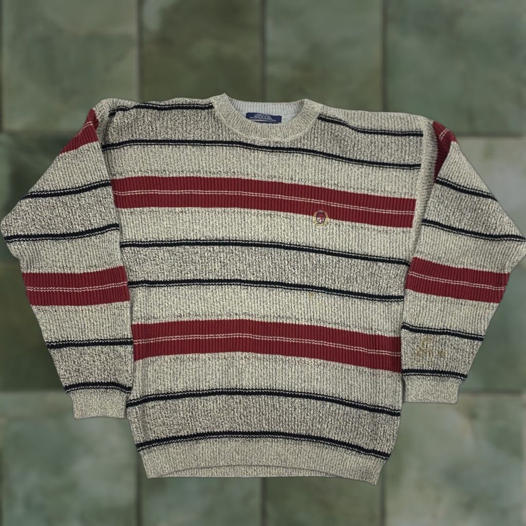 Tommy Hilfiger VINTAGE Tommy Hilfiger Sweater Adult L Tan Stripes Crewneck Pullover Logo Beige 90s American Mens Size US L / EU 52-54 / 3 - 1 Thumbnail