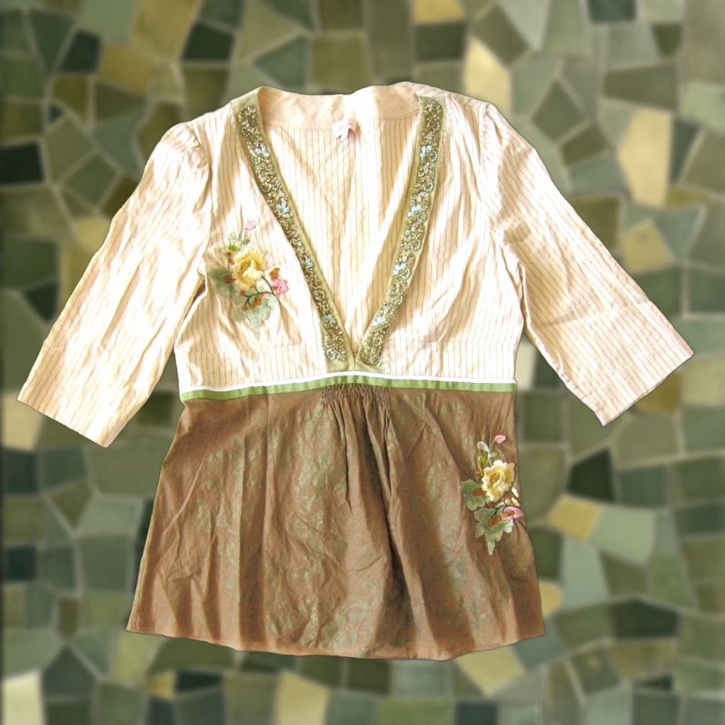 Whistles Whistles Blouse 100% Cotton Brown Green Floral Beaded V-Neck 3/4 Sleeve 12 Vintage Womens Shirt Size XL / US 12-14 / IT 48-50 - 1 Thumbnail